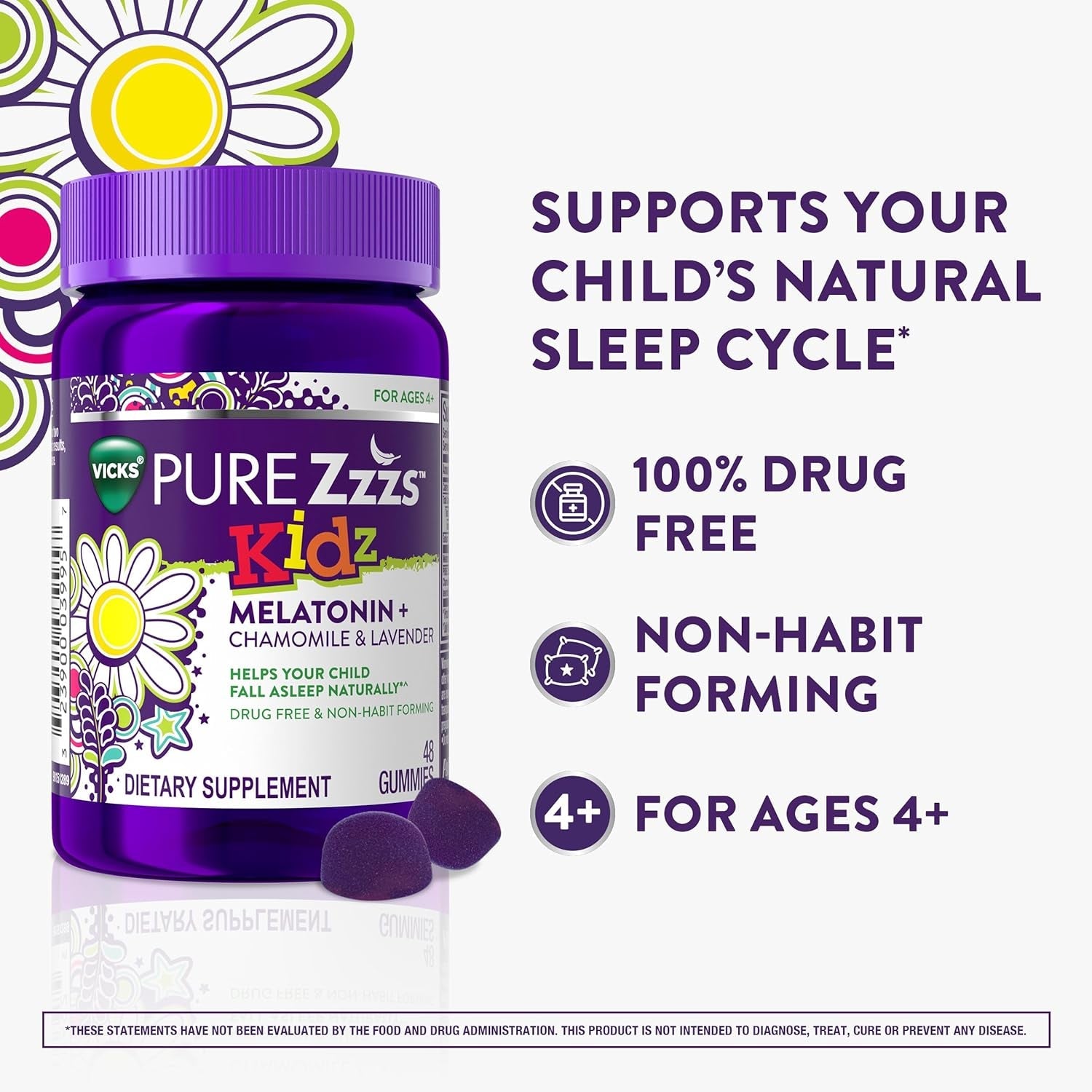 VICKS PURE Zzzs Kidz, Melatonin Sleep Aid Gummies for Kids and Children, Helps Your Child Fall Asleep Naturally, Low Dose Melatonin, 48 Gummies
