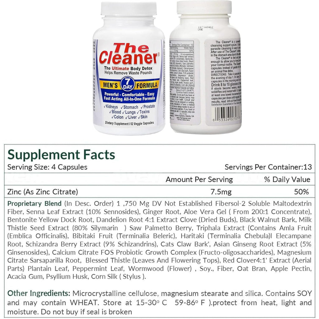 Century Systems the Cleaner Detox, Powerful 7-Day Complete Internal Cleansing Formula for Men, Support Digestive Health, 52 Vegetarian Capsules