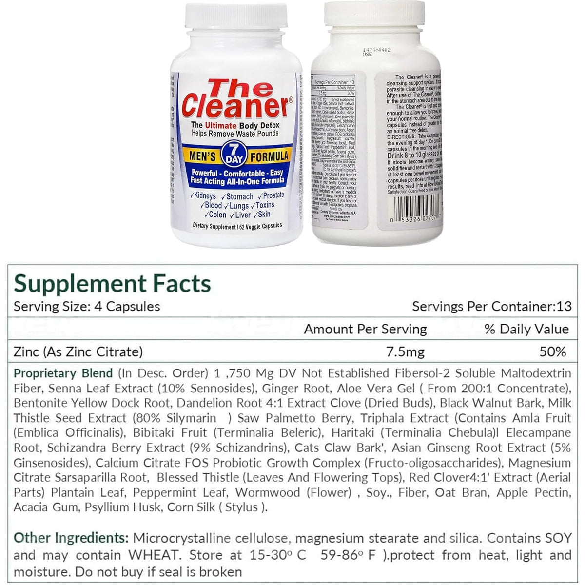Century Systems the Cleaner Detox, Powerful 7-Day Complete Internal Cleansing Formula for Men, Support Digestive Health, 52 Vegetarian Capsules
