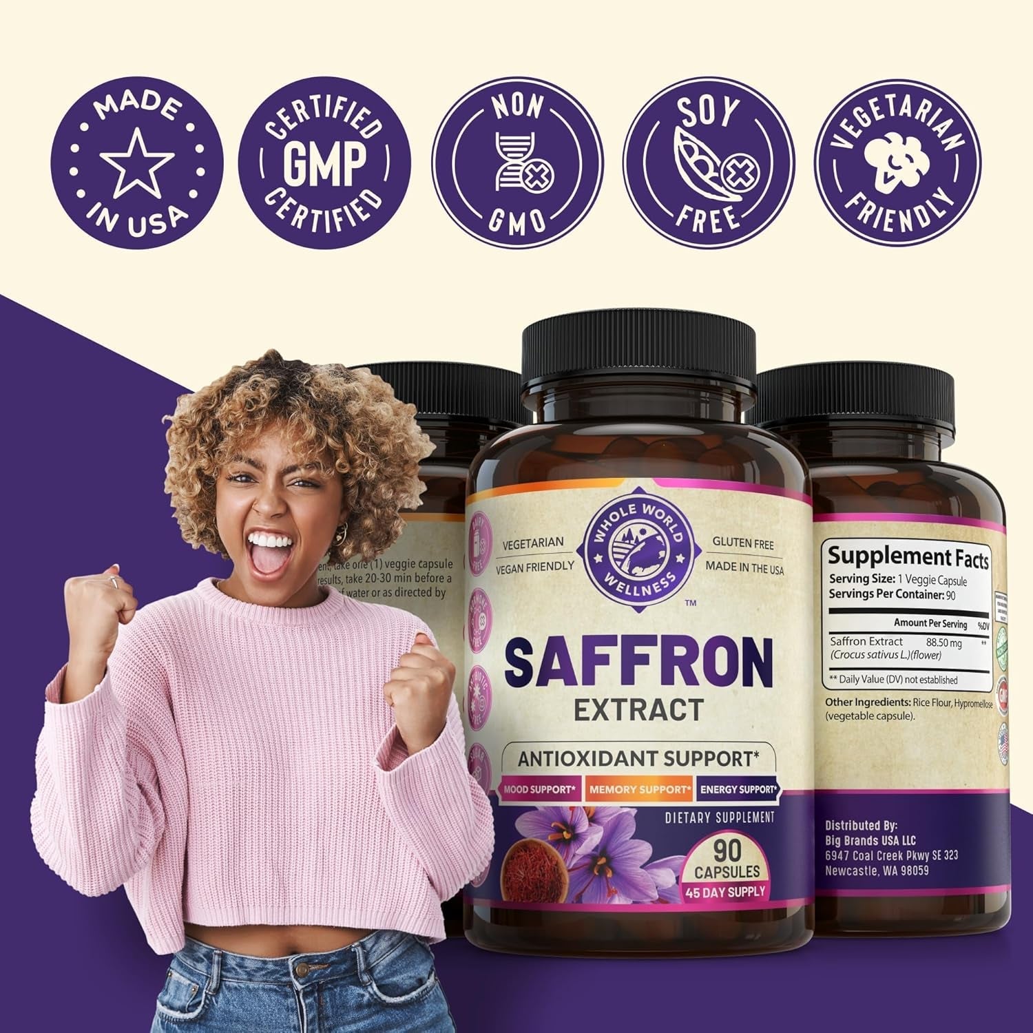 100% Pure Saffron Extract - Supports Weight and Appetite Health, Mood, Focus, Memory, Digestion, Eye, Skin and Brain Health. NSF Certified Saffron Supplements for Women and Men.