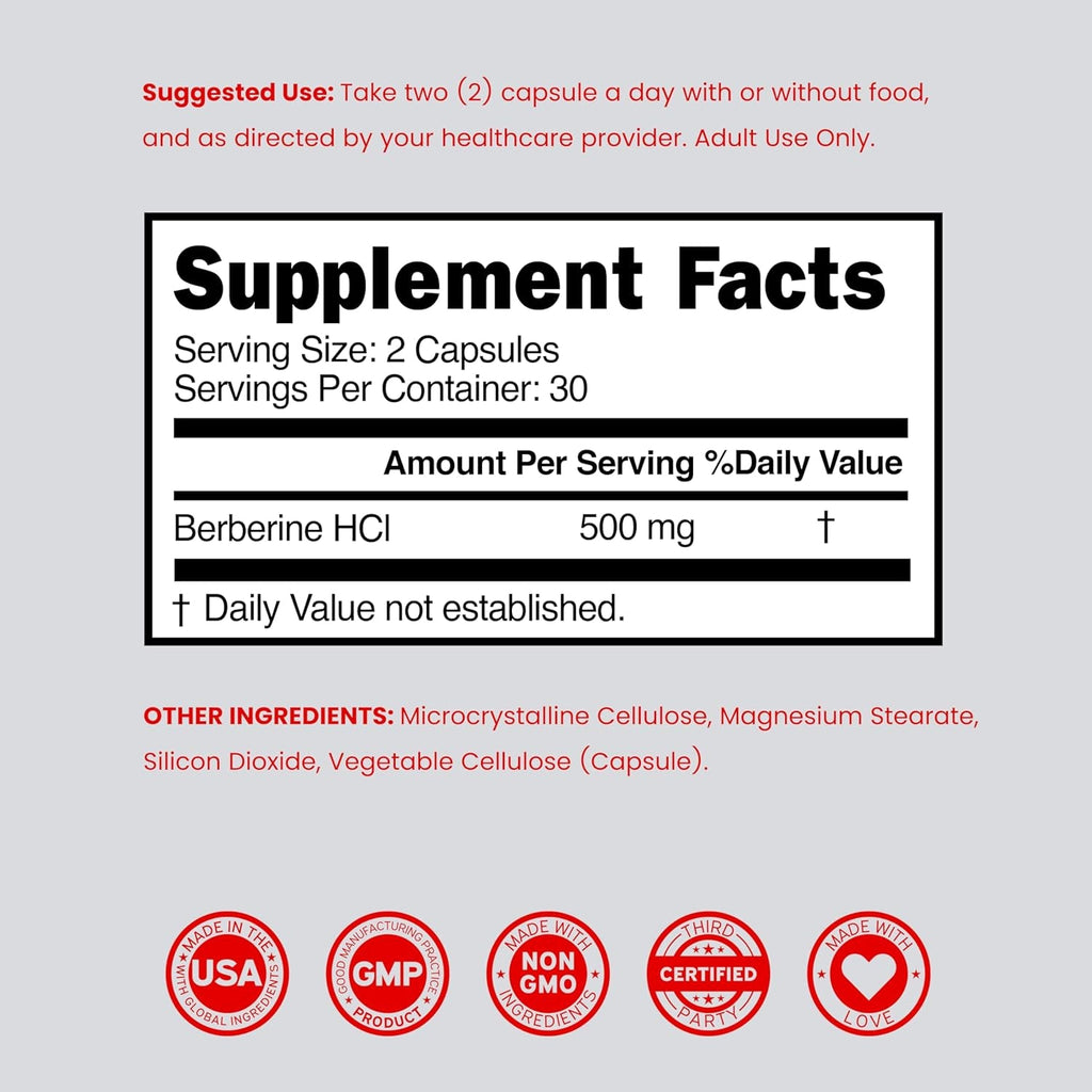 Berberine Supplement 500Mg per Serving (60 Capsules) Berberine HCL for Gut Health Support for Men and Women - Premium Supplements for Adults - Third Party Tested - Vegan Capsules & USA Made