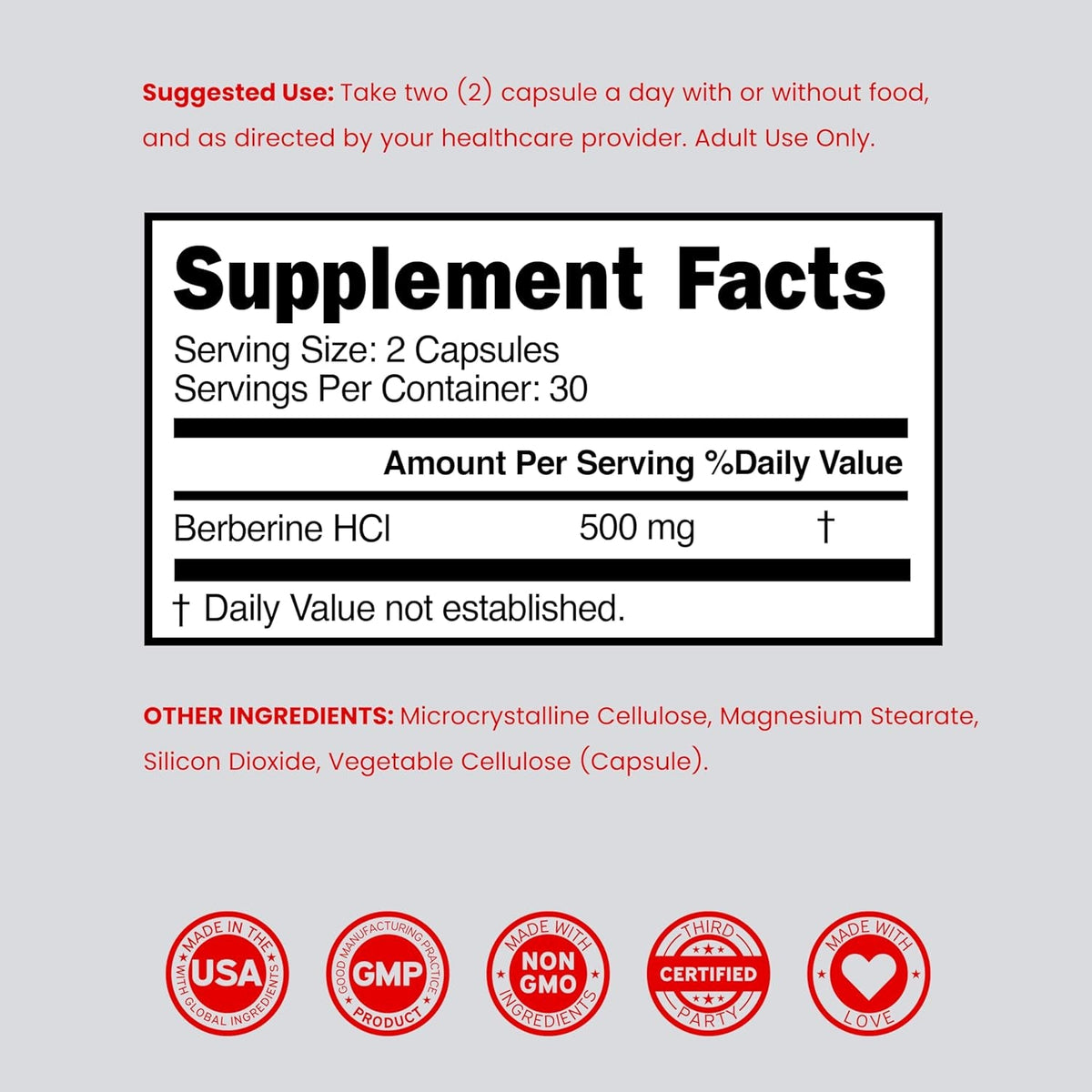 Berberine Supplement 500Mg per Serving (60 Capsules) Berberine HCL for Gut Health Support for Men and Women - Premium Supplements for Adults - Third Party Tested - Vegan Capsules & USA Made
