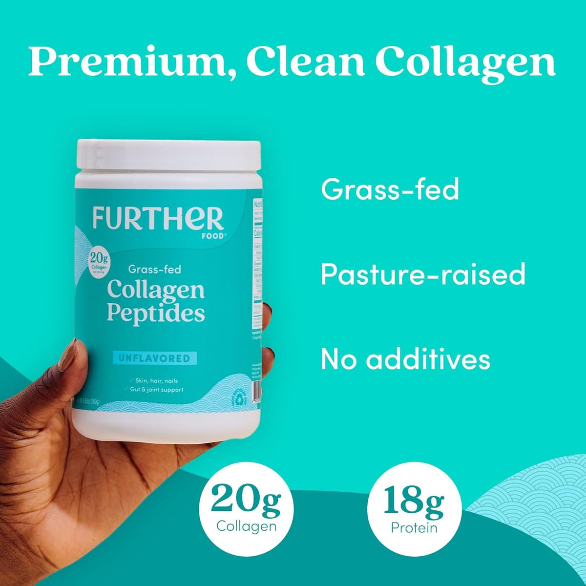 Further Food Unflavored Collagen Peptides Powder - 100% Grass-Fed, Hydrolyzed Type 1 & 3, 20G of Collagen per Serving, Supports Skin, Hair, Nails & Joints, 21.16 Oz