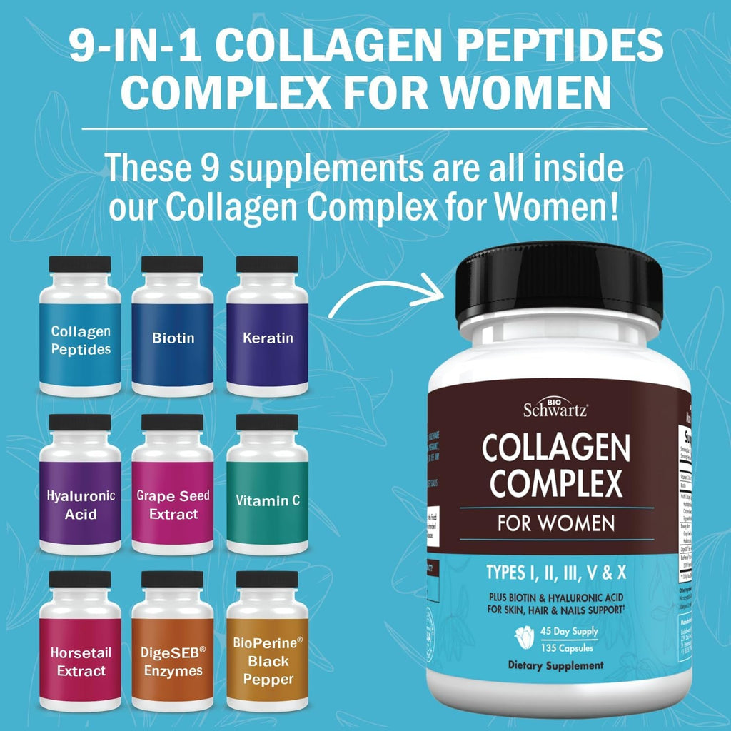 Bioschwartz Hydrolyzed Collagen Peptide Capsules - Multi Collagen Supplements for Women Types I, II, III, V, X with Vitamin C, Biotin, Keratin and Hyaluronic Acid for Skin, Hair & Nails - 135Ct