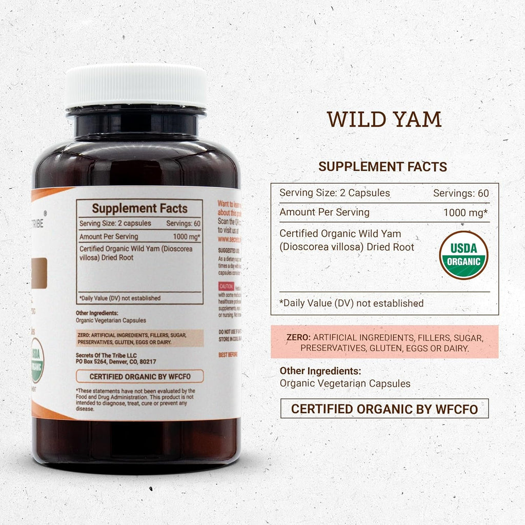 Secrets of the Tribe Wild Yam USDA Organic 120 Capsules | Made with Organic Vegetarian Capsules and Responsibly Farmed Wild Yam (Dioscorea Villosa) Dried Root (120 Capsules)