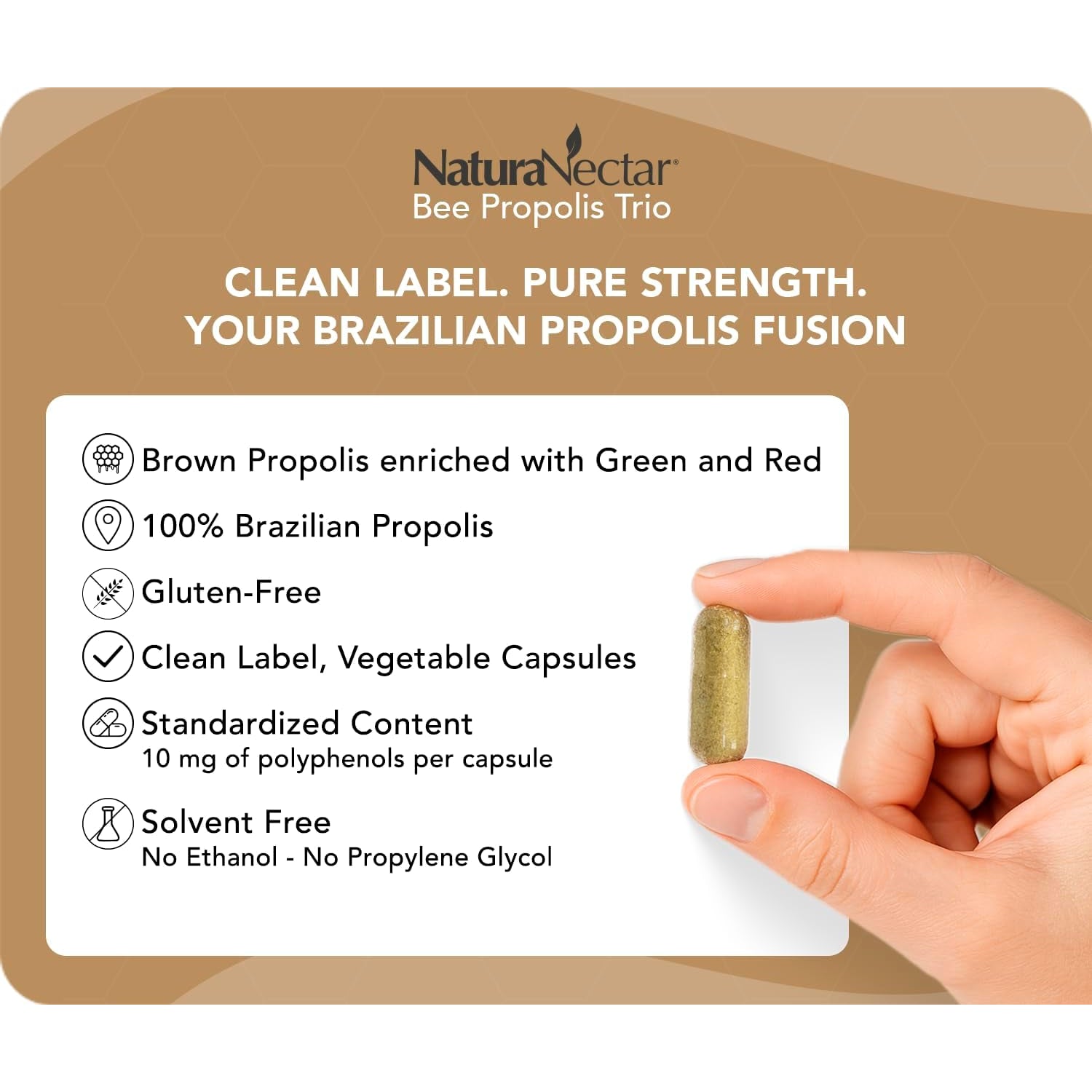 Naturanectar - Bee Propolis Trio Capsules, NSF Certified Premium Brazilian Propolis - Gluten-Free Supplements with More Diverse Flavonoids & PWE - Naturally Sourced through Ethical Beekeeping (60Pcs.)
