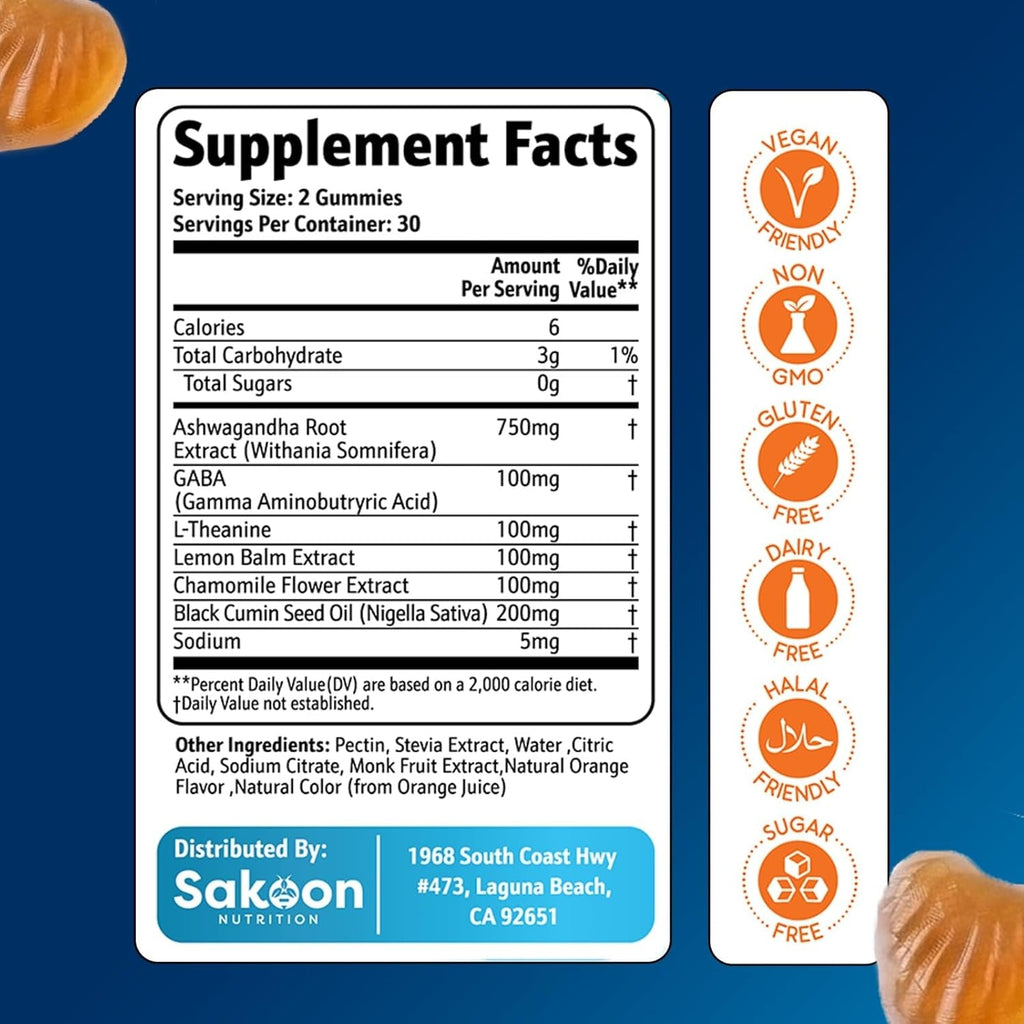 6-In-1 Stress Relief Gummies 60Ct - Aids Relaxation with Ashwagandha, GABA, L-Theanine, Lemon Balm, Chamomile, Black Cumin Seed Nigella Sativa. Improved Deep Sleep, Joint Support - 60 Gummies