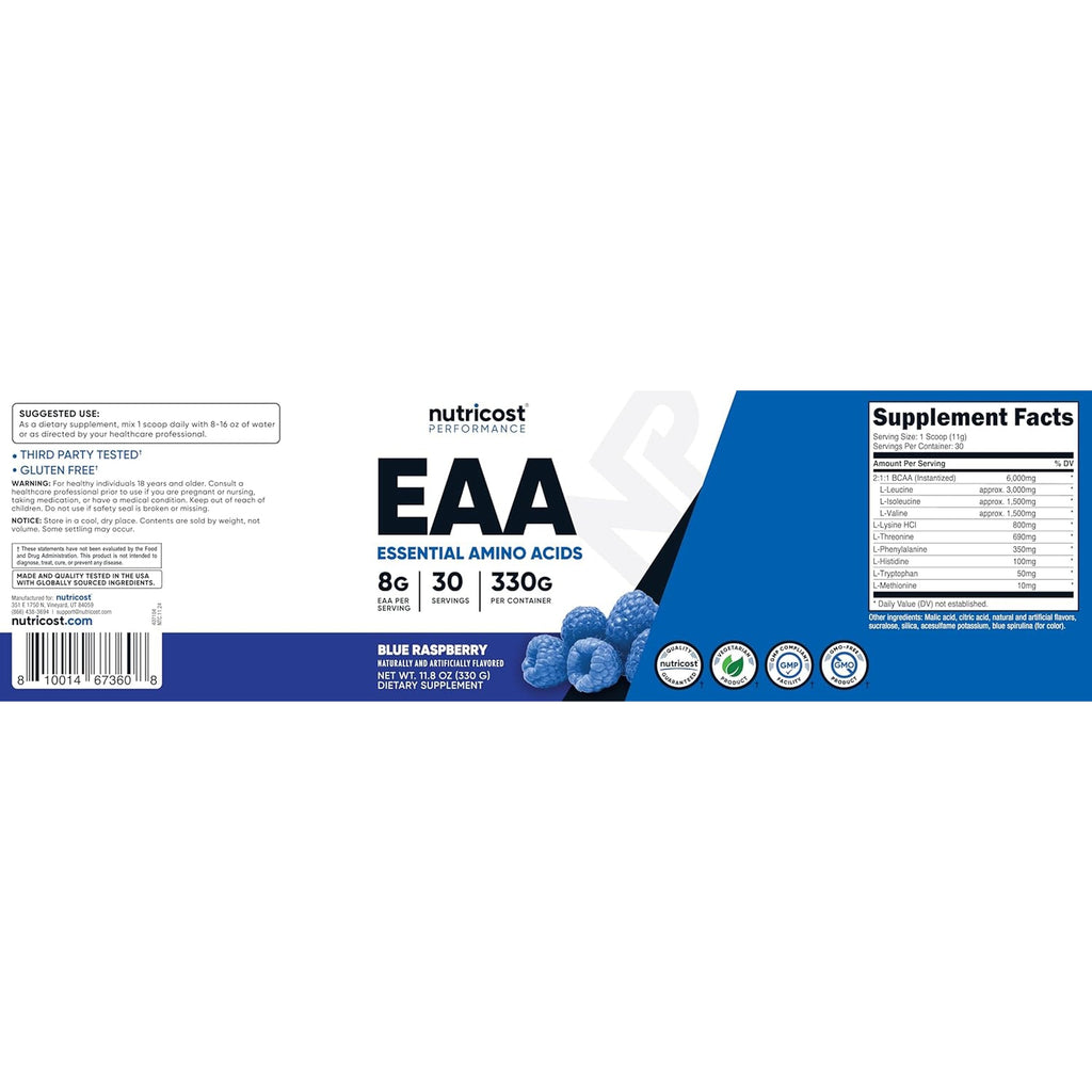 Nutricost EAA Powder 30 Servings (Blue Raspberry) - Essential Amino Acids - Non-Gmo, Gluten Free, Vegetarian Friendly