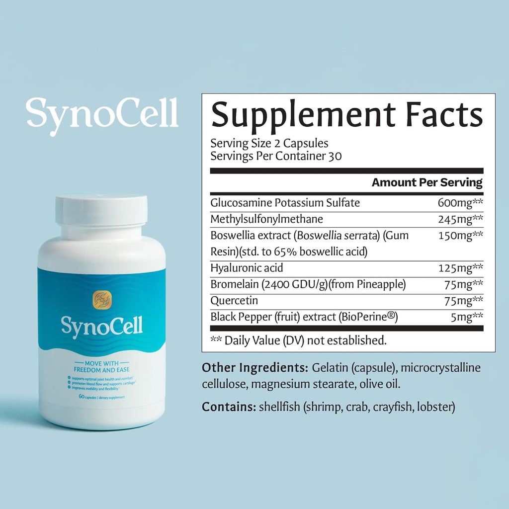 Synocell Glucosamine Chondroitin Complex Back, Neck, and Joint Support Supplement with Boswellia, Quercetin, & MSM - Renew Your Joints from the inside Out - Move with Freedom and Ease