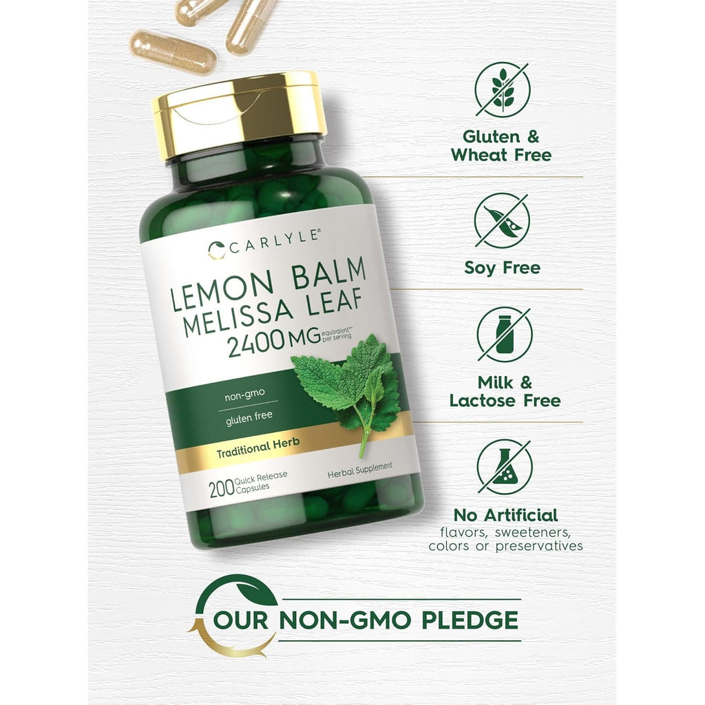 Carlyle Lemon Balm Capsules | 200 Count | Non-Gmo and Gluten Free Formula | Melissa Leaf Traditional Herbal Supplement | Super Concentrated Extract