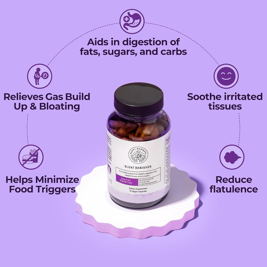 Happy Mammoth Bloat Banisher Natural Relief for Bloating, Gas, Indigestion & Discomfort. Promotes Healthy Digestion of Even Difficult Foods like Dairy, Breads, Pizza, Cheese & Meats. 72 Caps