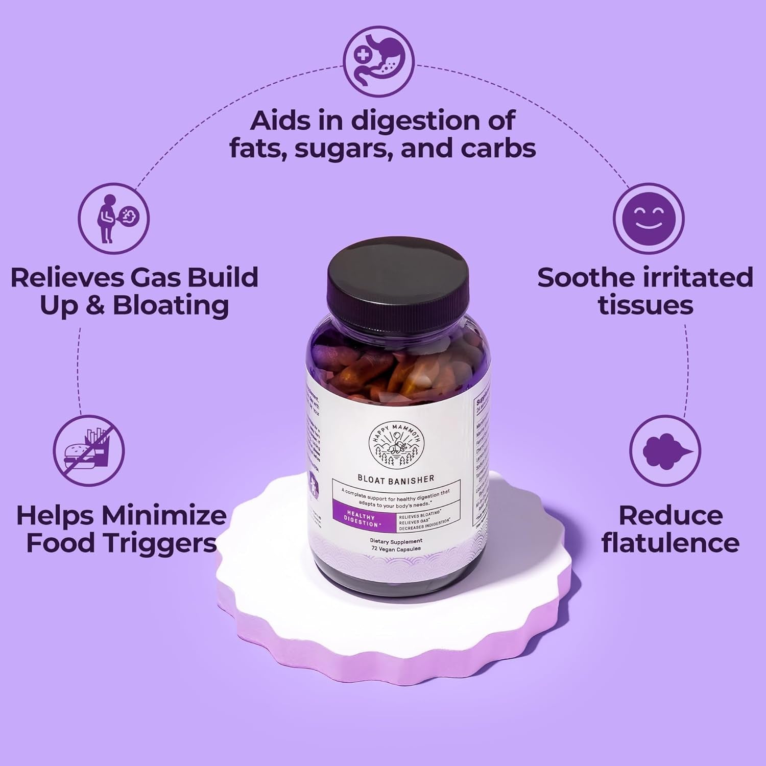 Happy Mammoth Bloat Banisher Natural Relief for Bloating, Gas, Indigestion & Discomfort. Promotes Healthy Digestion of Even Difficult Foods like Dairy, Breads, Pizza, Cheese & Meats. 72 Caps