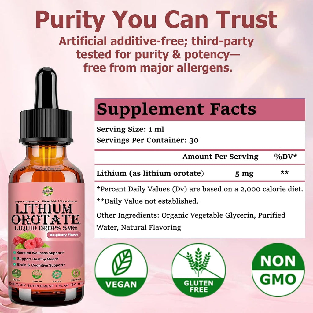Pure Lithium Orotate Liquid Drops 5Mg, Low Dose Lithium Brain Supplement for Cognitive Memory Mood Behavior, High Bioavailability Liquid Lithium-Orotate Drops for Kids Adults Vegan Non-Gmo