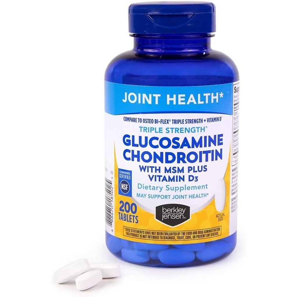 Berkley Jensen Glucosamine Chondroitin Triple Strength Complex with MSM and D3 Joint Supplement Tablets for Joint Support and Cartilages, NSF Certified, 200 Count (Pack of 1)