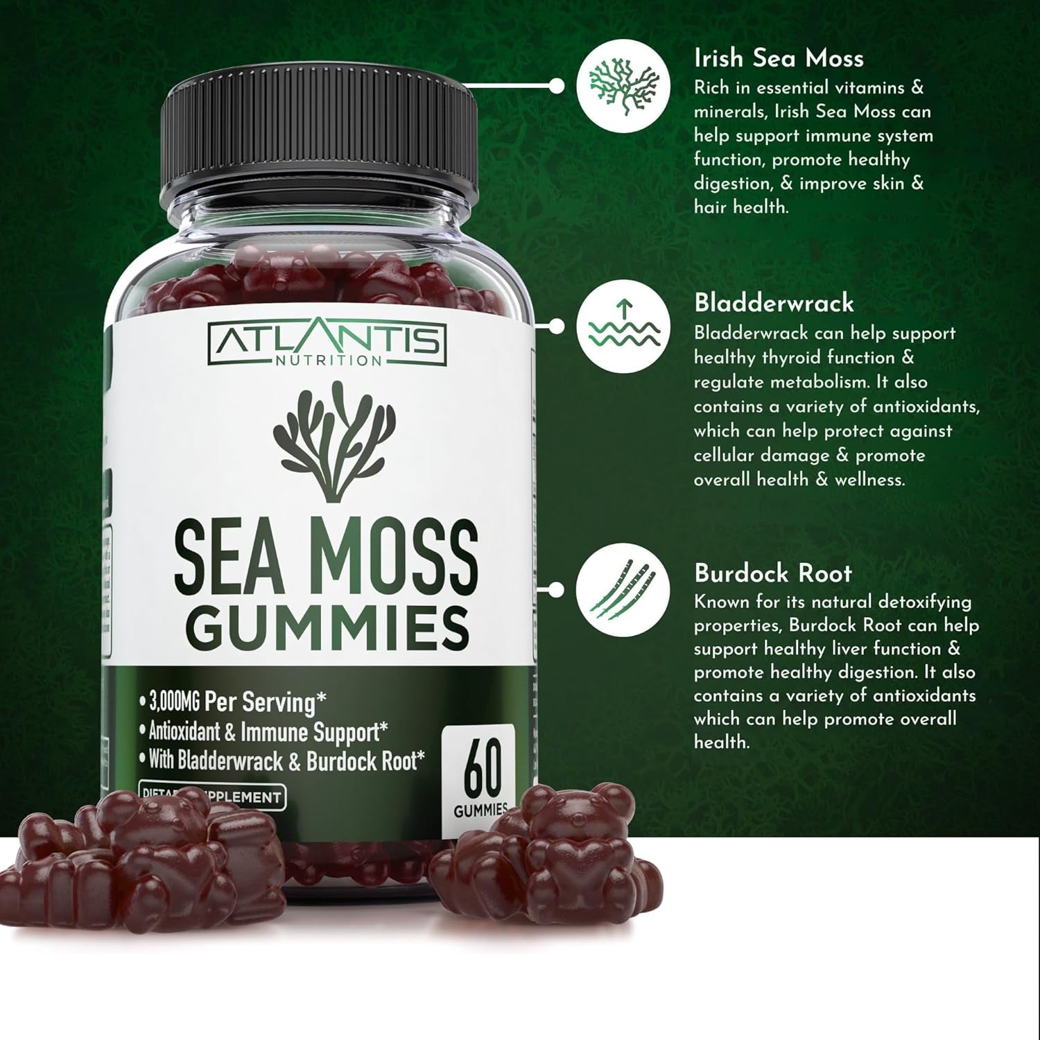 Irish Sea Moss Gummies - 3000MG - Formulated W/ Irish Sea Moss, Bladderwrack & Burdock Root, Contain Essential Vitamin & Mineral - Antioxidant-Rich Superfood Supplement, 60 Sea Moss Gummies for Adults