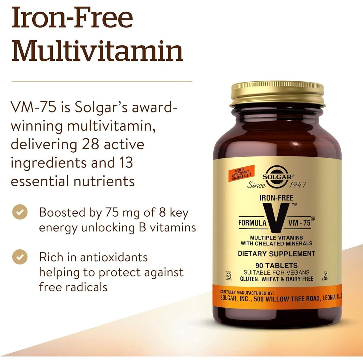 Solgar Formula VM-75, 90 Tablets - Multivitamin with Chelated Minerals - Vitamin A, B6, B12, C, D, E - Biotin, Magnesium, Calcium, Iron, Zinc, - Vegan, Gluten Free, Dairy Free, Kosher - 90 Servings