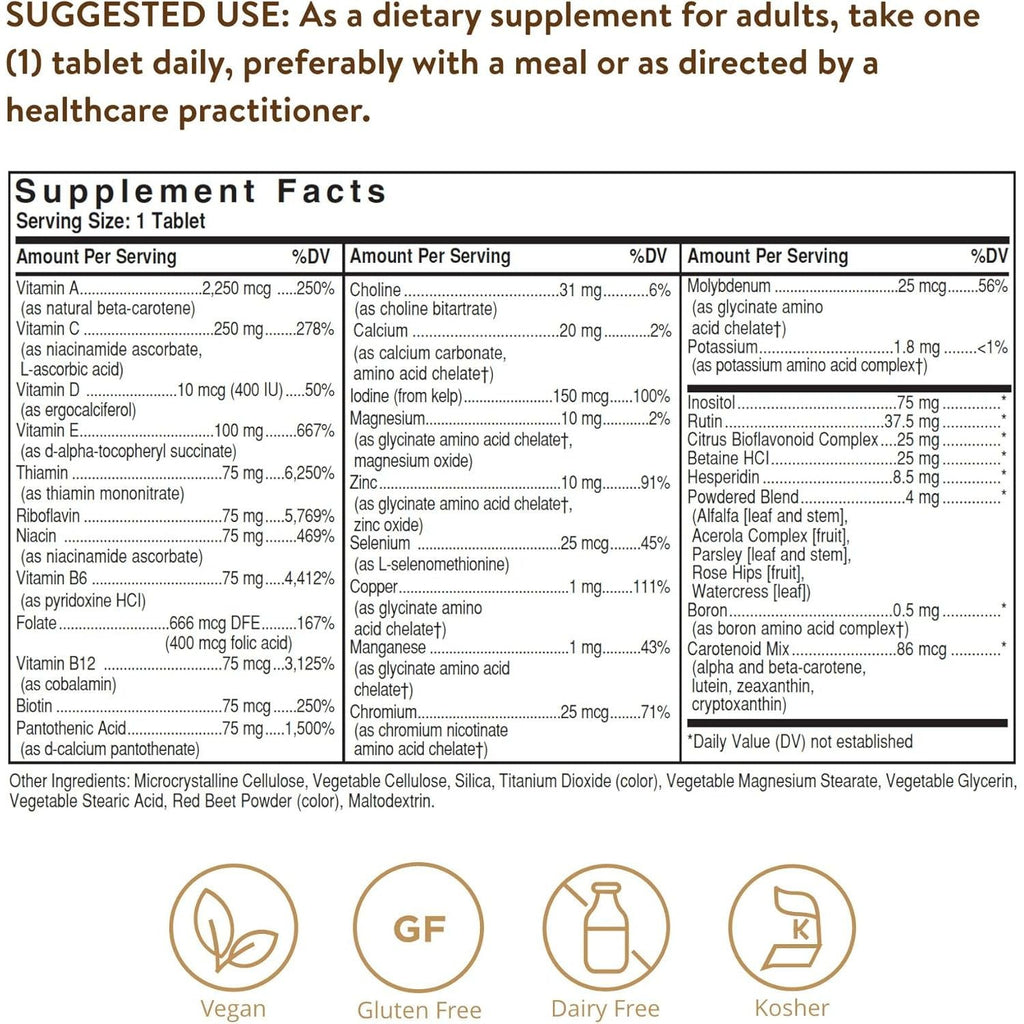 Solgar Formula VM-75, 90 Tablets - Multivitamin with Chelated Minerals - Vitamin A, B6, B12, C, D, E - Biotin, Magnesium, Calcium, Iron, Zinc, - Vegan, Gluten Free, Dairy Free, Kosher - 90 Servings