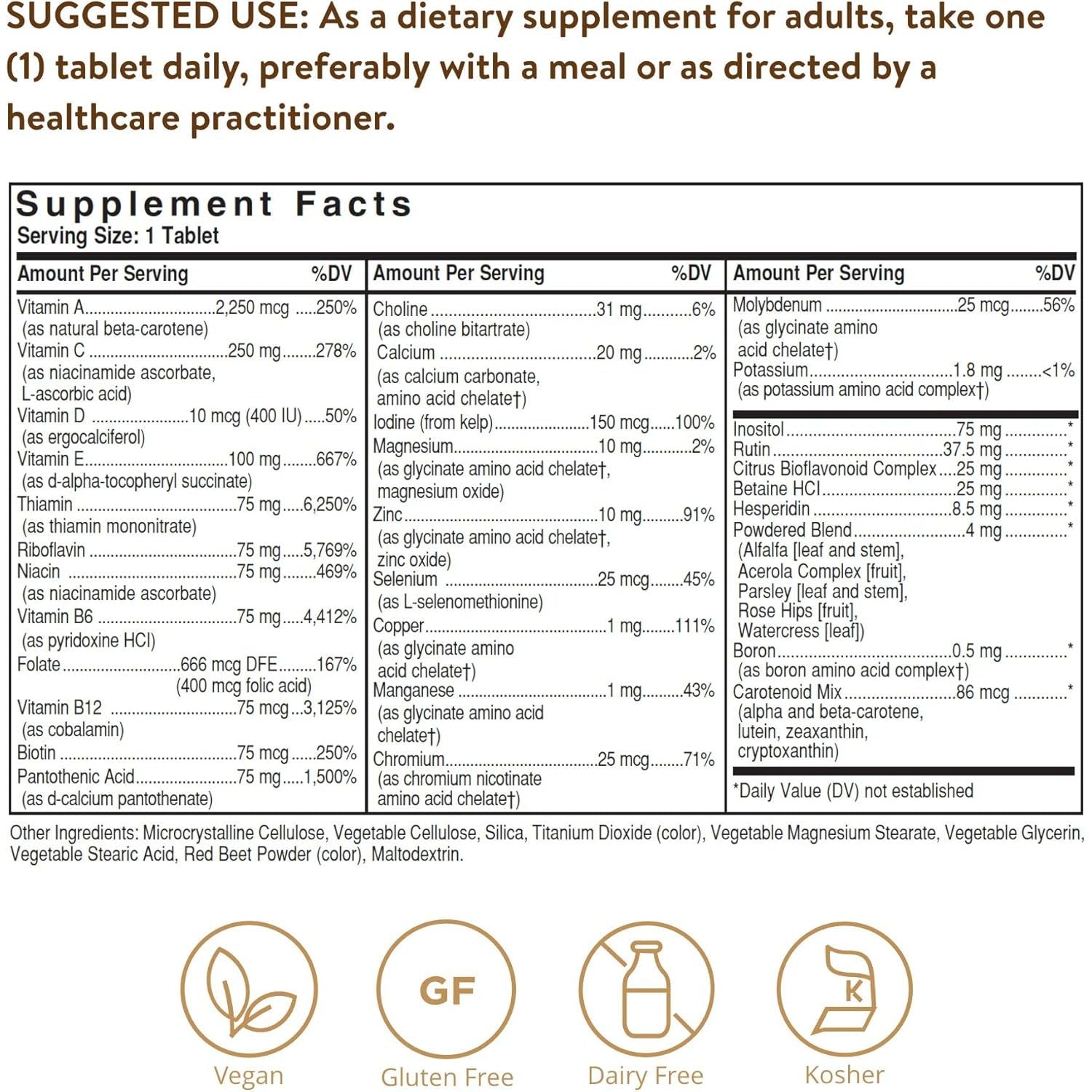 Solgar Formula VM-75, 90 Tablets - Multivitamin with Chelated Minerals - Vitamin A, B6, B12, C, D, E - Biotin, Magnesium, Calcium, Iron, Zinc, - Vegan, Gluten Free, Dairy Free, Kosher - 90 Servings