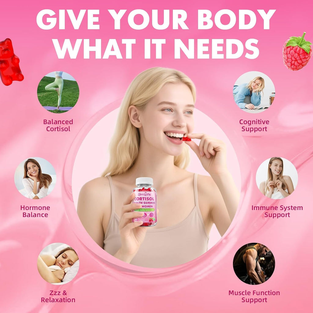 Cortisol Gummies for Women, Cortisol Supplements Gummies with Magnesium Ashwagandha Rhodiola Rosea and L-Theanine Complex for Relaxation and Focus, Zzz Support, Raspberry Flavor, 60 Count