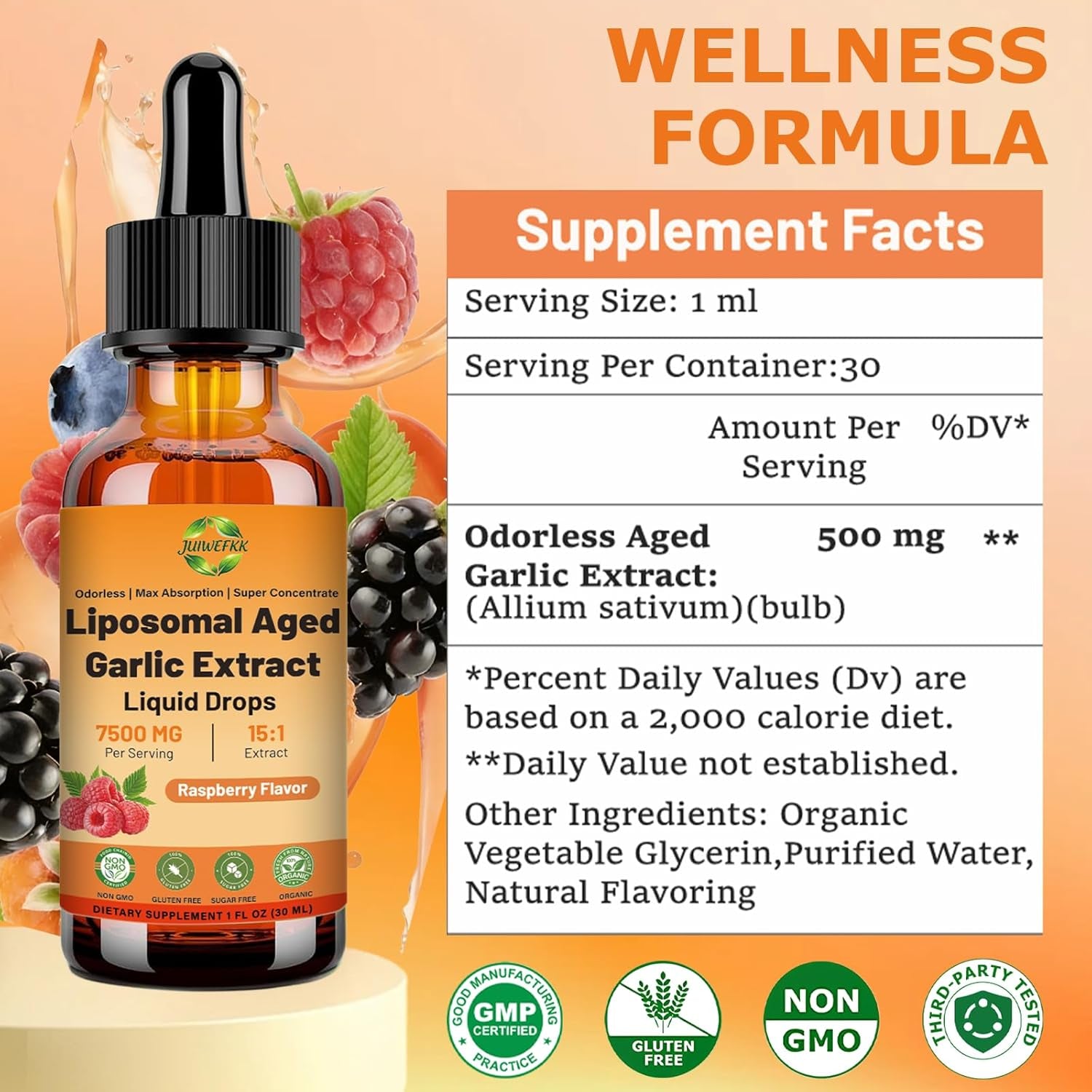 Aged Garlic Extract Liquid Drop – 500 Mg per Serving, 15:1 Extract, Odorless, Liposomal Technology for Fast Absorption – Heart & Immune Support Supplement for Men & Women, Raspberry Flavor