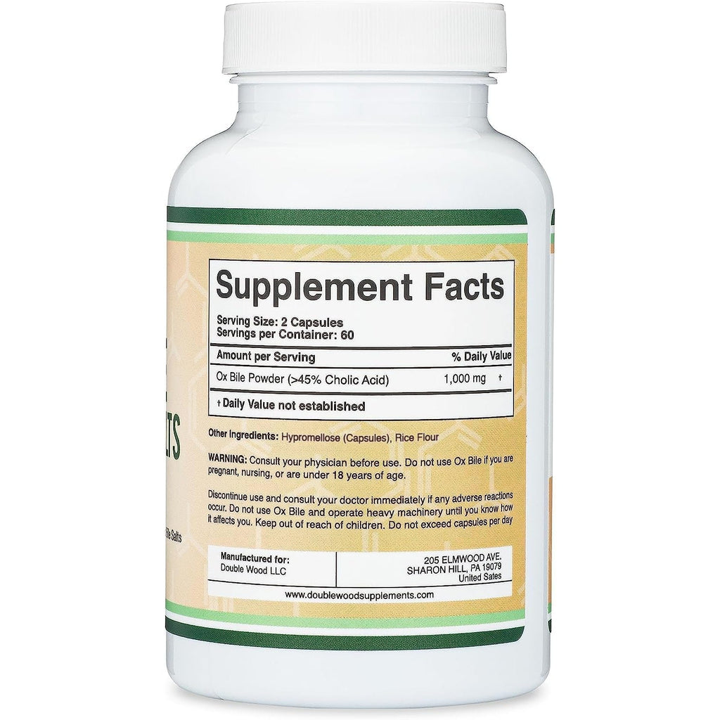 Ox Bile Supplement for No Gallbladder (1,000Mg per Serving, 500Mg per Capsule, 120 Capsules) Standardized to 45% Cholic Acid Bile Salts to Help Address Bile Salt Deficiencies by Double Wood