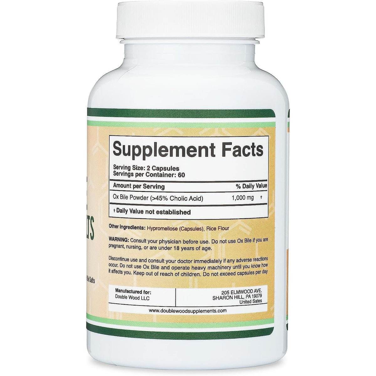 Ox Bile Supplement for No Gallbladder (1,000Mg per Serving, 500Mg per Capsule, 120 Capsules) Standardized to 45% Cholic Acid Bile Salts to Help Address Bile Salt Deficiencies by Double Wood