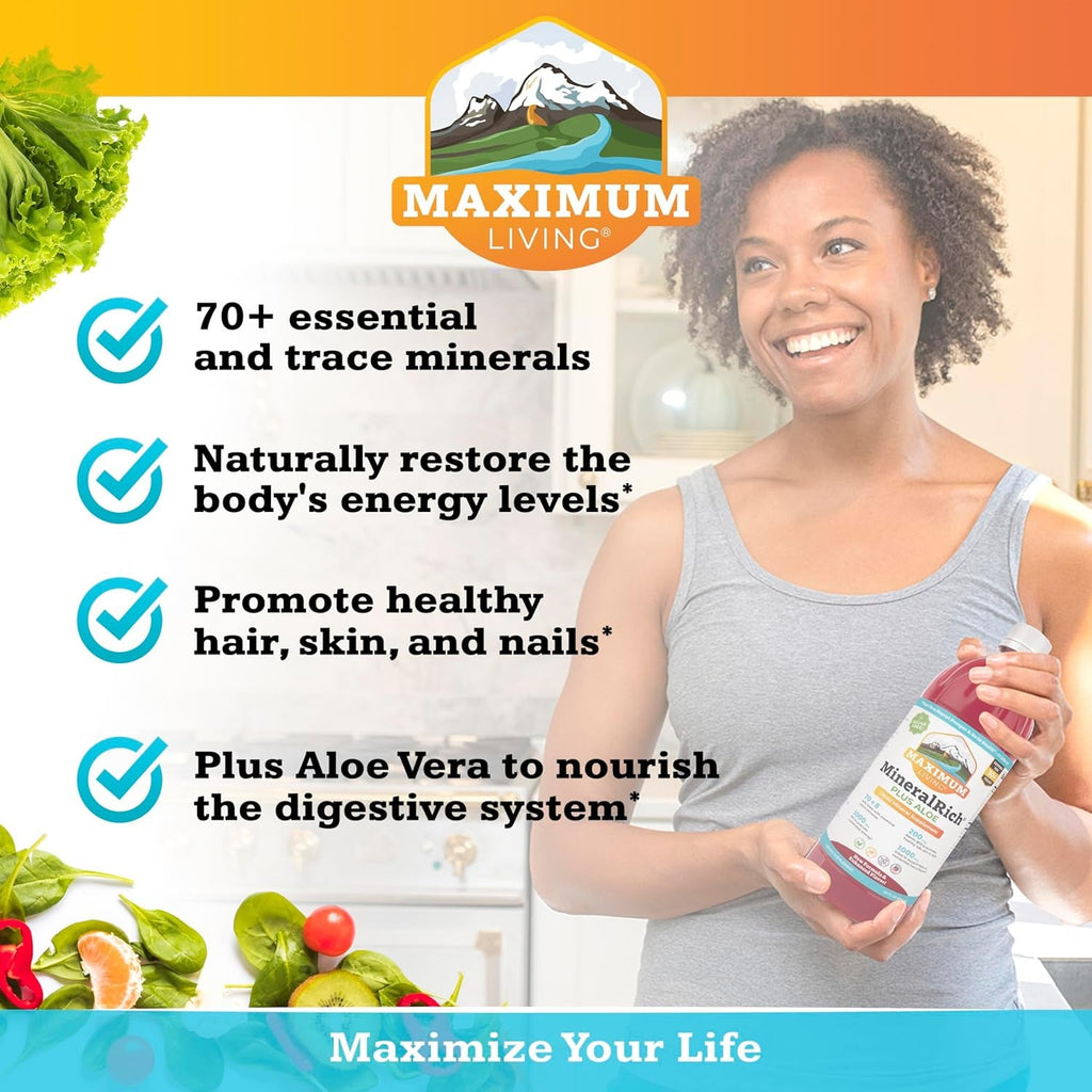 Maximum Living Mineralrich Minerals Supplement with Aloe - Liquid Blend of Vitamins and Trace Minerals - 32 Oz