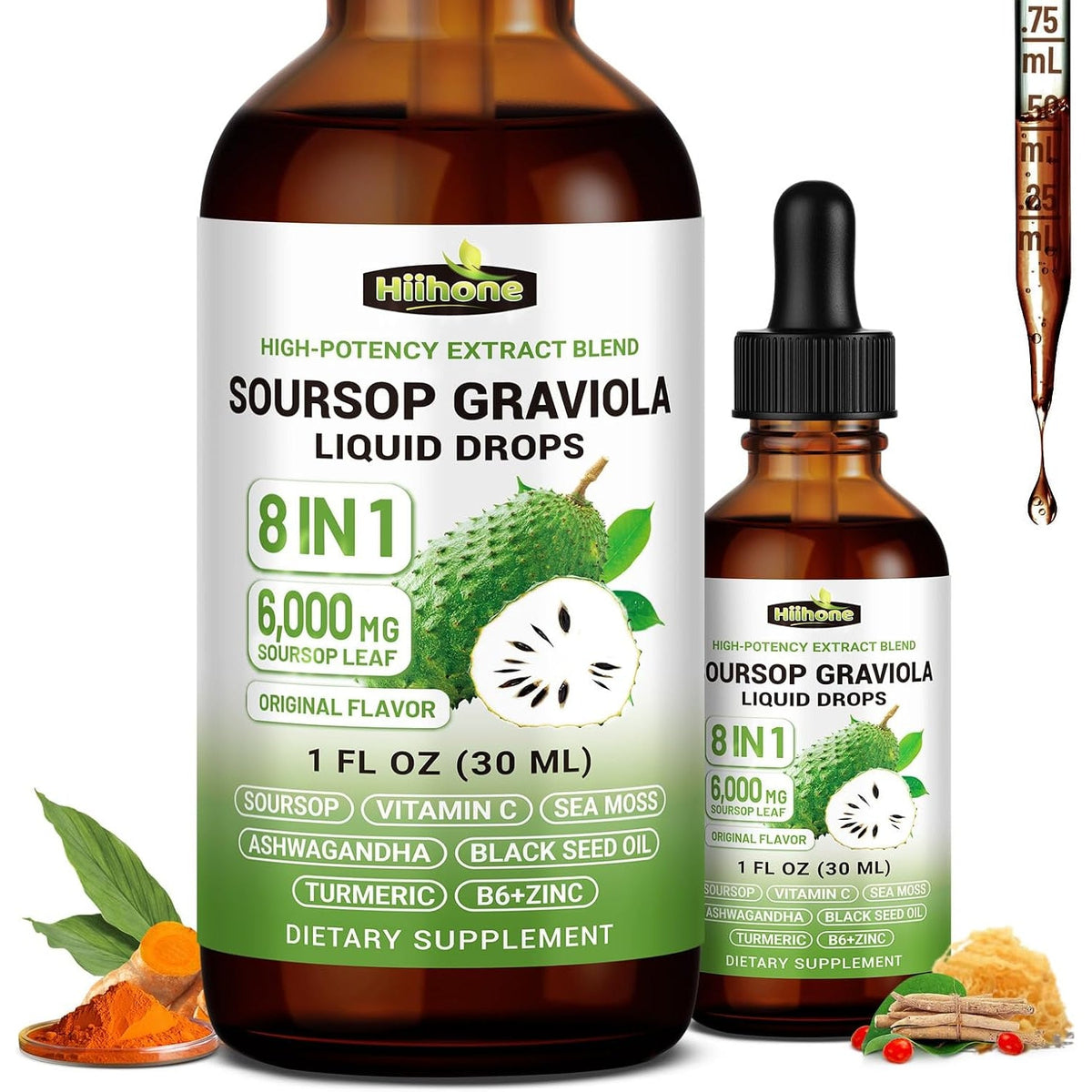 (2 Pack) 8 in 1 Graviola Soursop Leaf Extract Liquid - Soursop Bitters Liquid with Sea Moss, Ashwagandha and Turmeric, for Immune & Liver, Zzz & Antioxidant & Cell Support,1 Fl Oz