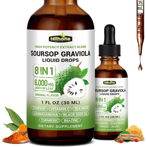 (2 Pack) 8 in 1 Graviola Soursop Leaf Extract Liquid - Soursop Bitters Liquid with Sea Moss, Ashwagandha and Turmeric, for Immune & Liver, Zzz & Antioxidant & Cell Support,1 Fl Oz