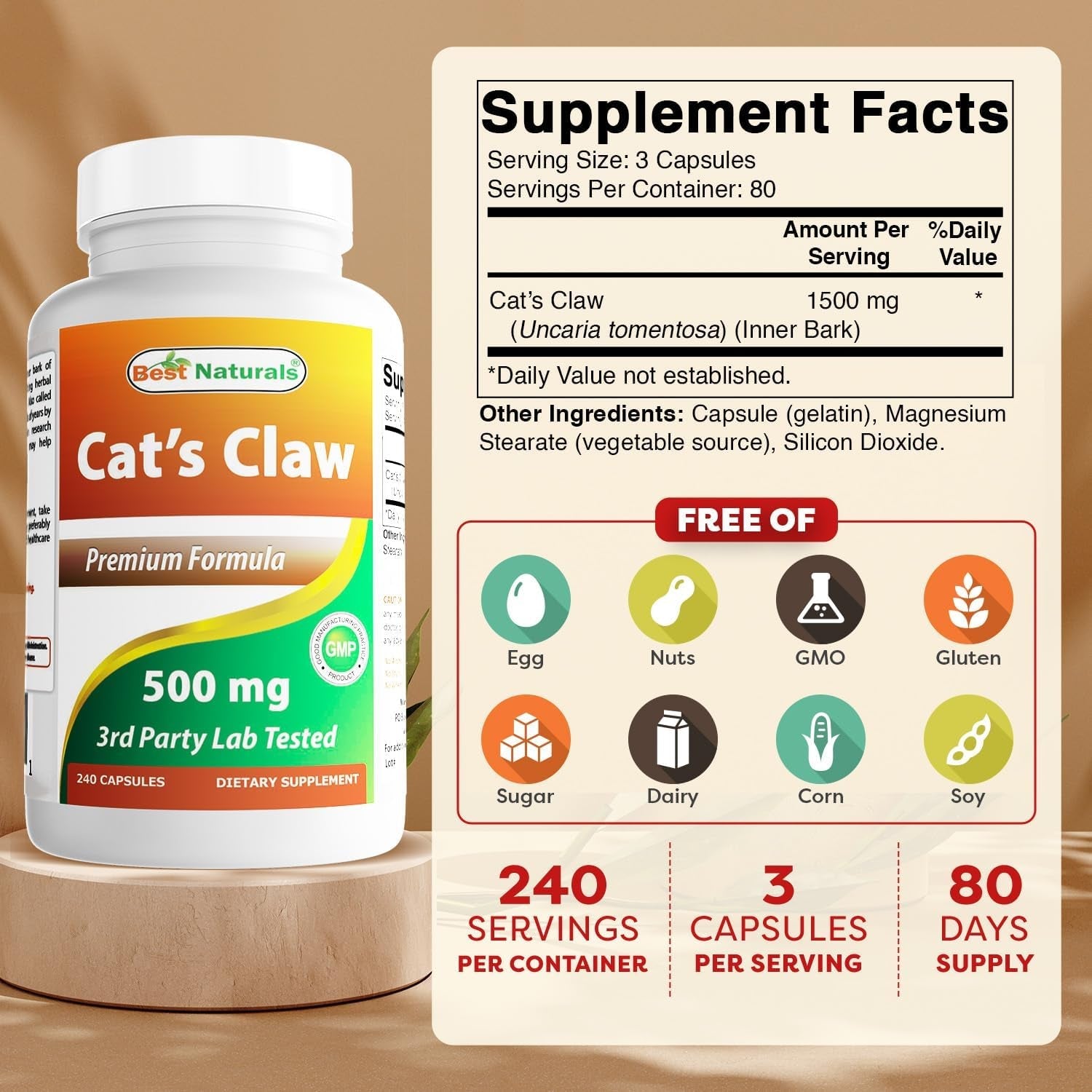 Best Naturals Cat'S Claw Capsule, 500 Mg, 240 Count