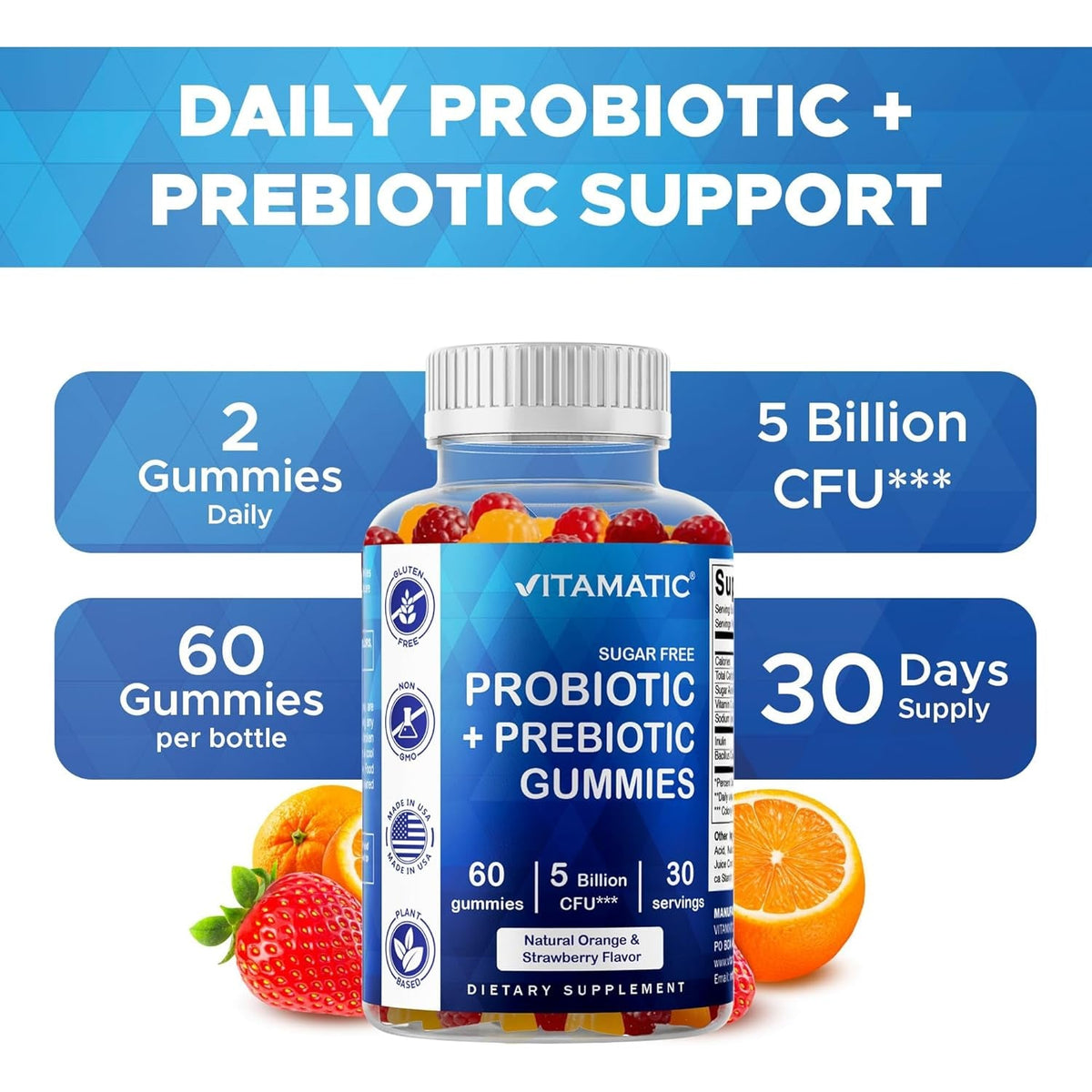 Vitamatic Probiotic Sugar Free Gummies for Men and Women – 5 Billion Cfus Digestive, Immune & Gut Health Support – Gluten Free