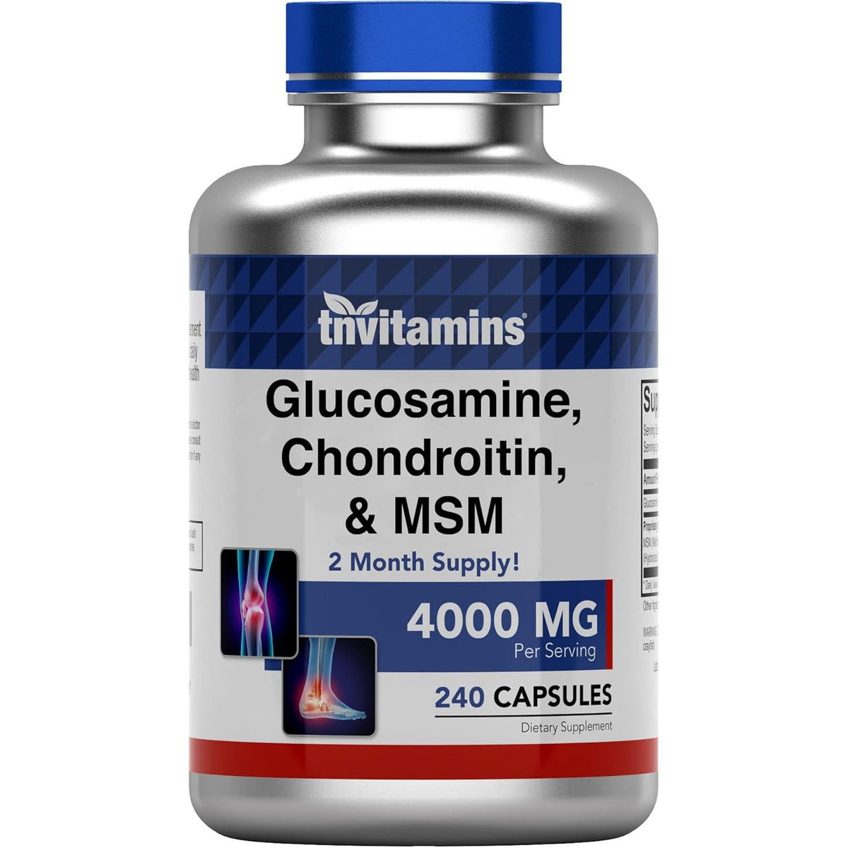 Tnvitamins Glucosamine Chondroitin MSM Capsules, 240 Count | 4,000 Mg per Serving | 2,000 Mg Glucosamine Sulfate 2Kcl + 2,000 Mg MSM & Chondroitin Blend | Joint Support Supplement