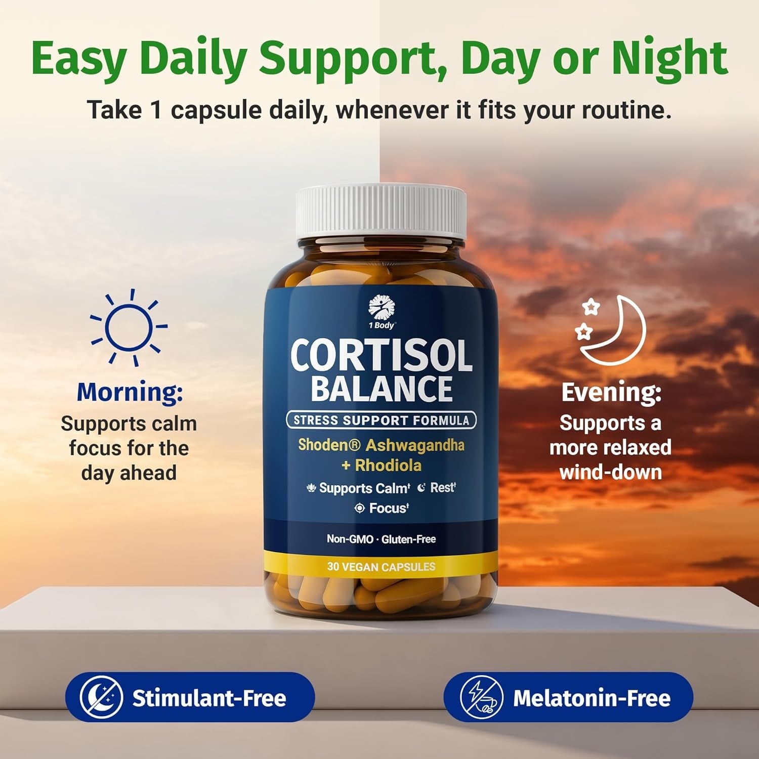 1 Body Cortisol Support for Women & Men – Ashwagandha, Phosphatidylserine & Saffron – Stress Relief, Calm Mood, Balanced Energy & Sleep Support – Vegan