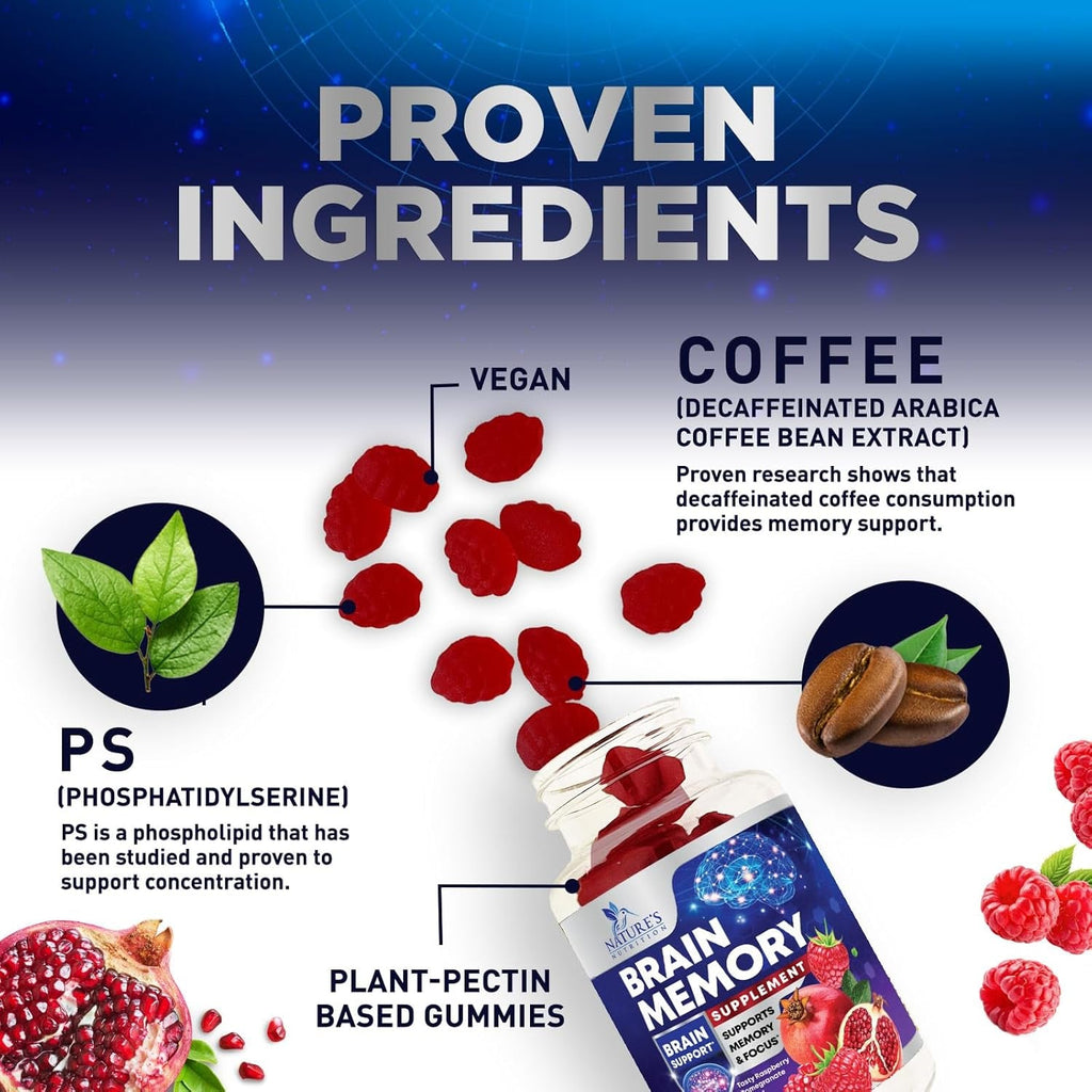 Brain Supplements for Memory & Focus Gummies - Brain Health Clarity with B6 B12 & Phosphatidylserine - Natural Nootropics Cognitive Concentration & Alertness Support Vitamins - 60 Vegan Gummies