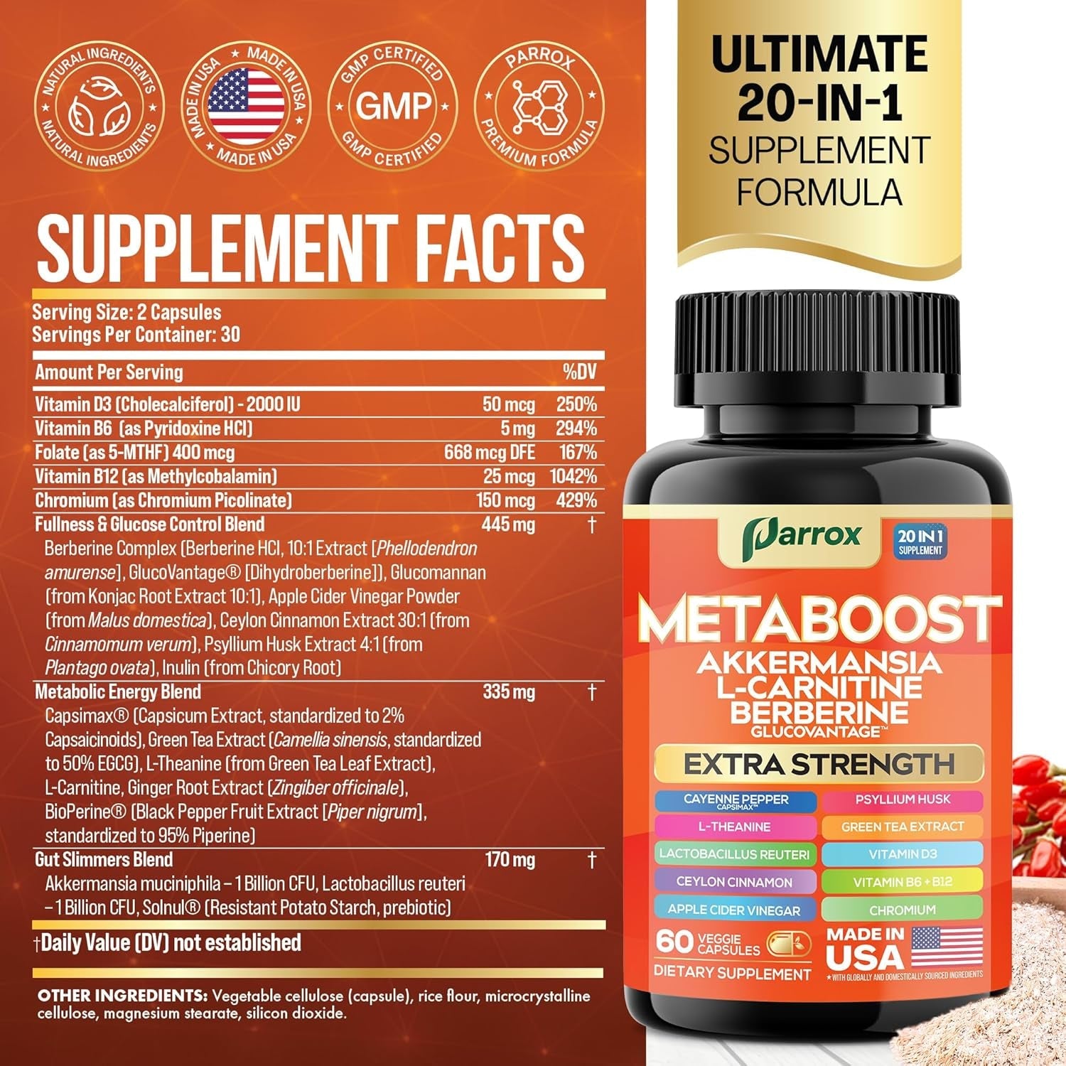GLP-1 Booster Supplement, Akkermansia, L-Carnitine, Berberine (Glucovantage), Methylfolate, Methylated B12, Chromium, Capsimax, Psyllium Husk, Probiotics Vitamins D3, B6, 20-In-1 Plant-Based (60 Caps)