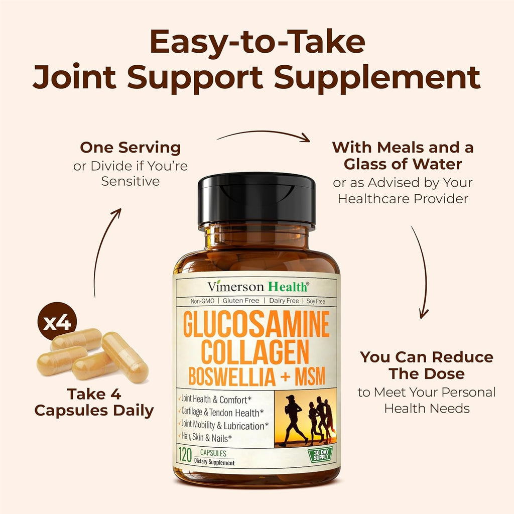 Glucosamine Chondroitin with 1200Mg Hydrolyzed Collagen Peptides, Boswellia Extract, Quercetin, Bromelain, MSM – Hair Skin Nails and Joint Supplement for Women & Men – FSA Eligible 120 Capsules