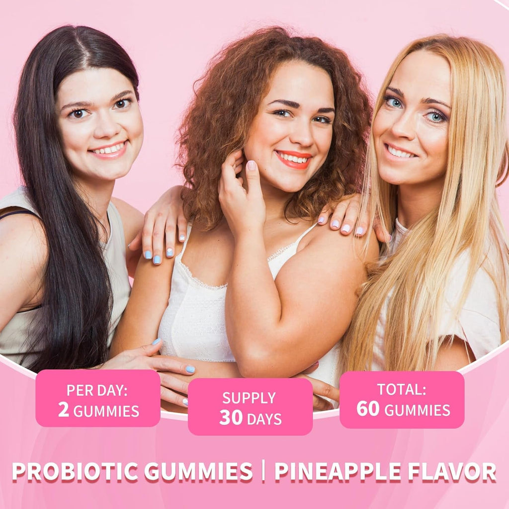 Women'S Probiotics Slippery Elm Gummies, Sugar-Free Feminine Probiotics Gummies Support Ph Balance, Gut Health & Immune System, Pineapple Flavor, 60 Count