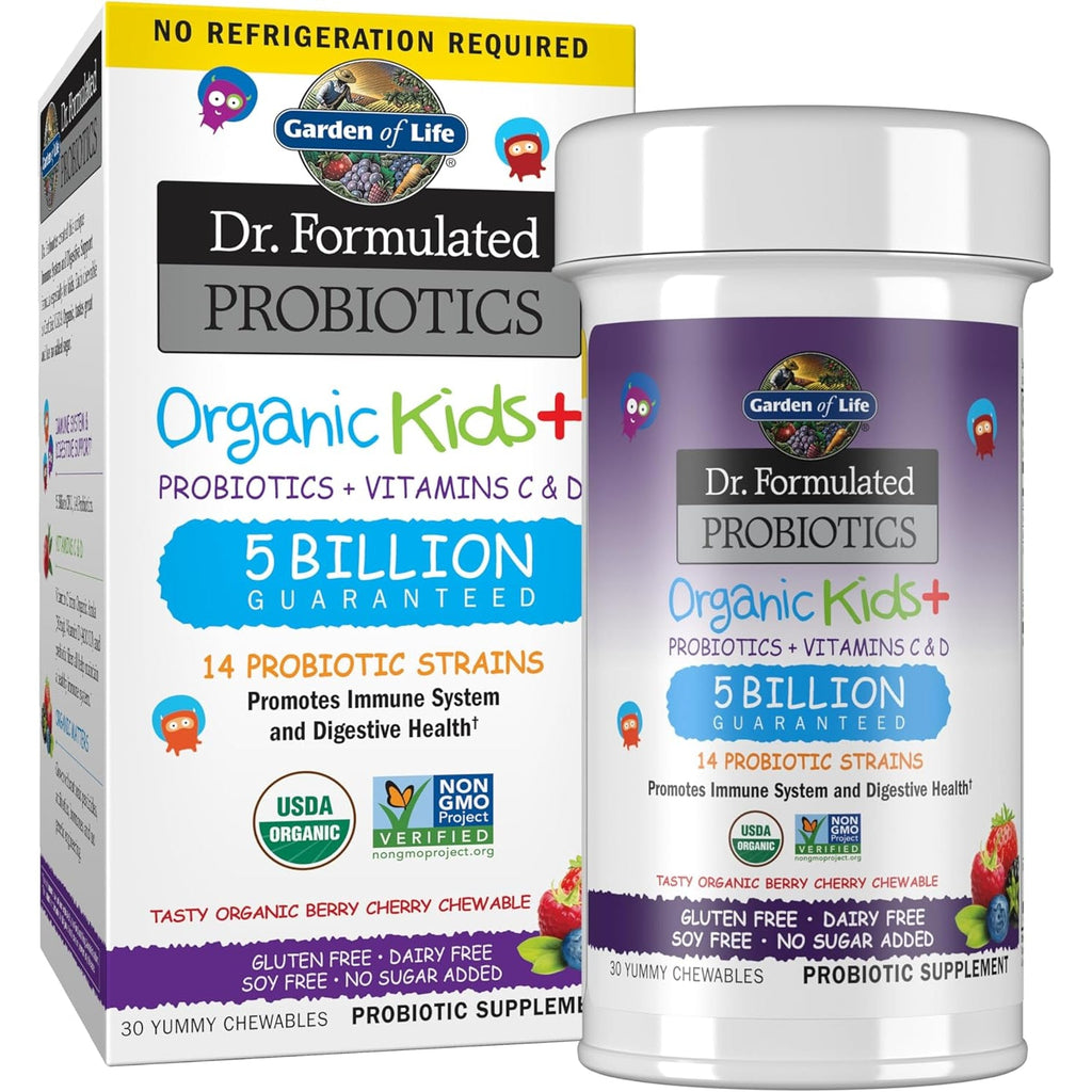 Garden of Life Dr. Formulated Probiotics Organic Kids+ plus Vitamin C & D - Berry Cherry - Gluten, Dairy & Soy Free Immune & Digestive Health Supplement, No Added Sugar, 30 Chewables (Shelf Stable)
