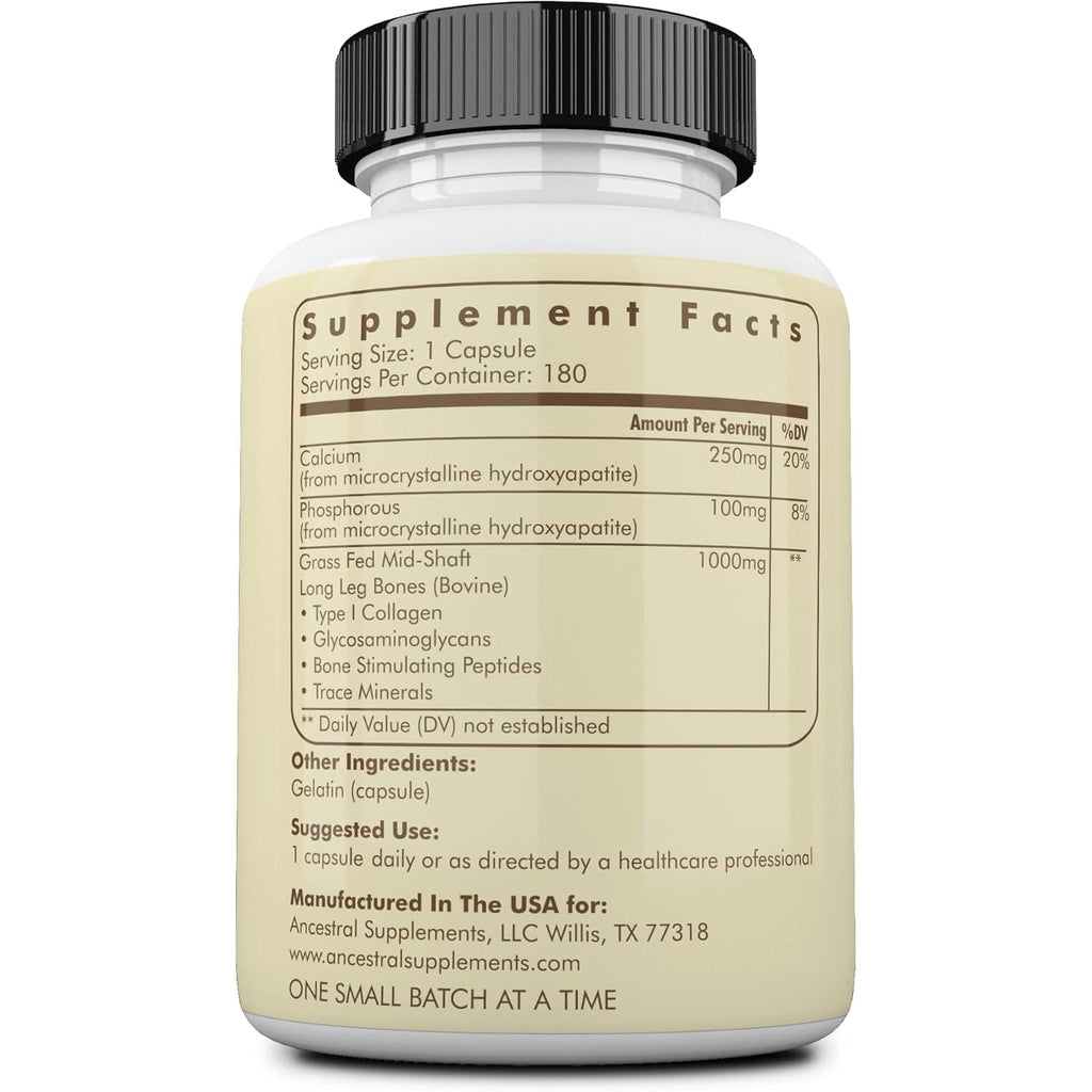Ancestral Supplements Grass Fed Beef Living Bone Supplement, Bone Meal Capsules Support Bone Health, Oral and Joint Health and Flexibility, Non-Gmo, 180 Capsules