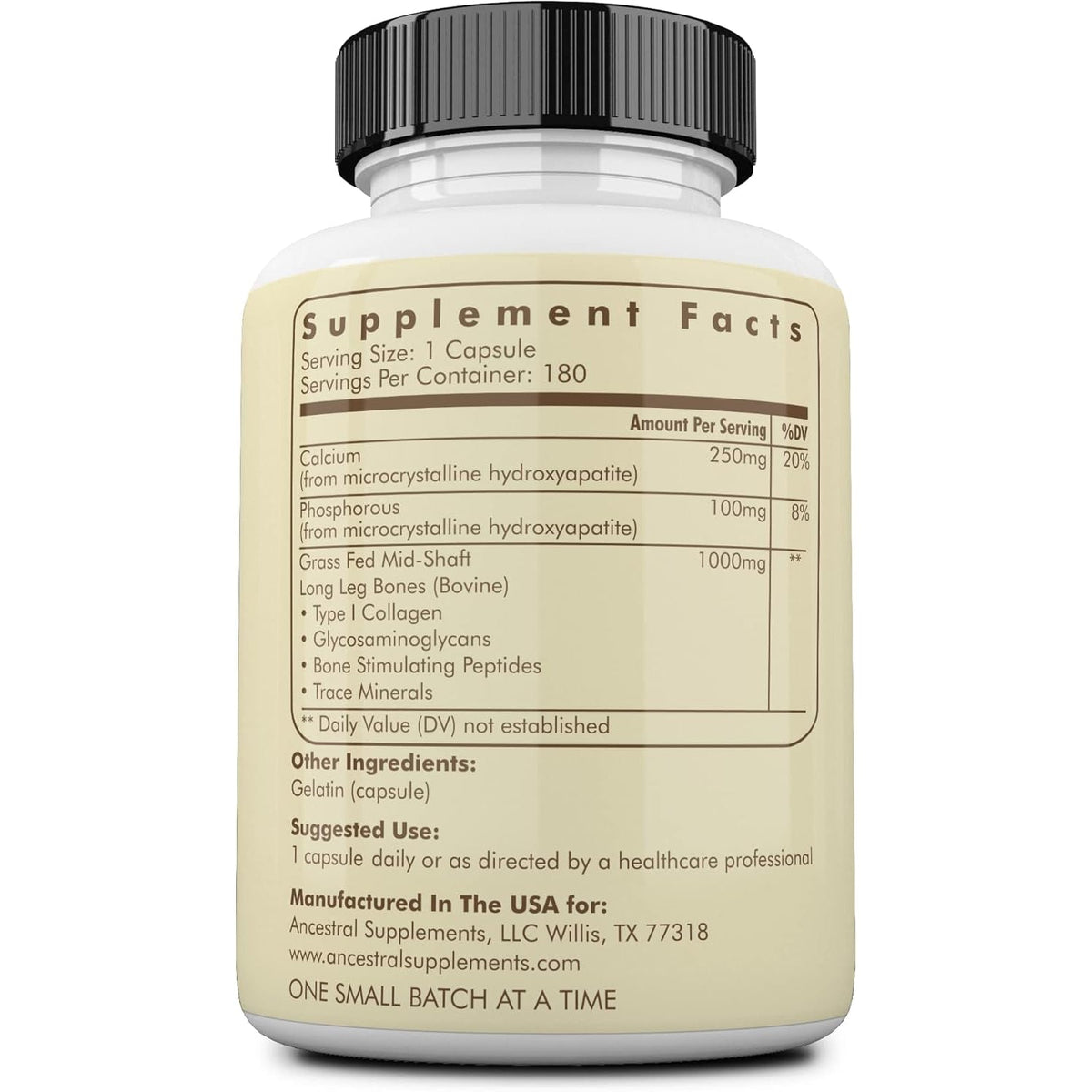 Ancestral Supplements Grass Fed Beef Living Bone Supplement, Bone Meal Capsules Support Bone Health, Oral and Joint Health and Flexibility, Non-Gmo, 180 Capsules