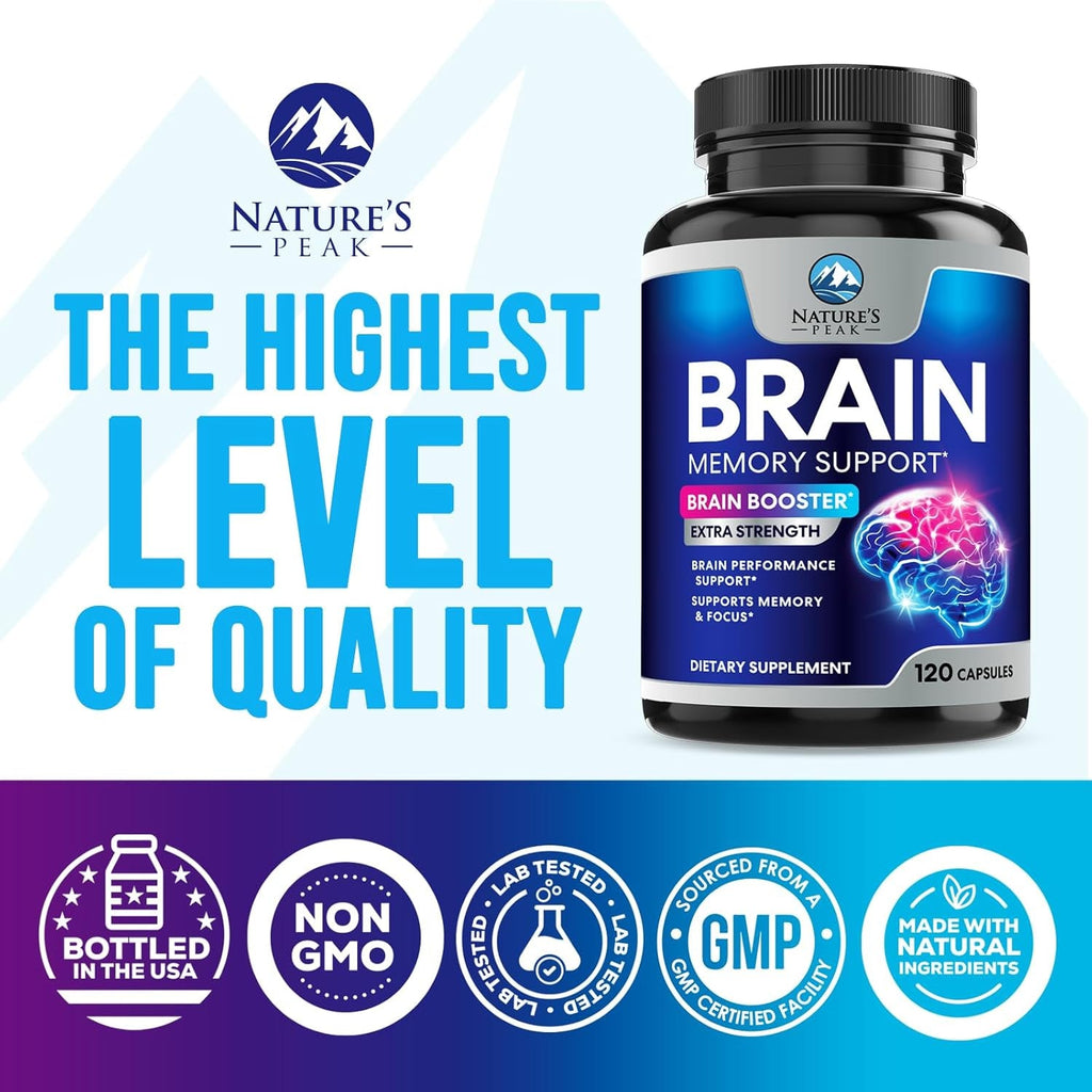 Brain Memory Supplement Pills - 3X Strength Nootropics for Concentration, Clarity & Focus Support - Brain Health Cognitive Vitamins with Bacopa, Phosphatidylserine & DMAE, Brain Booster, 120 Capsules