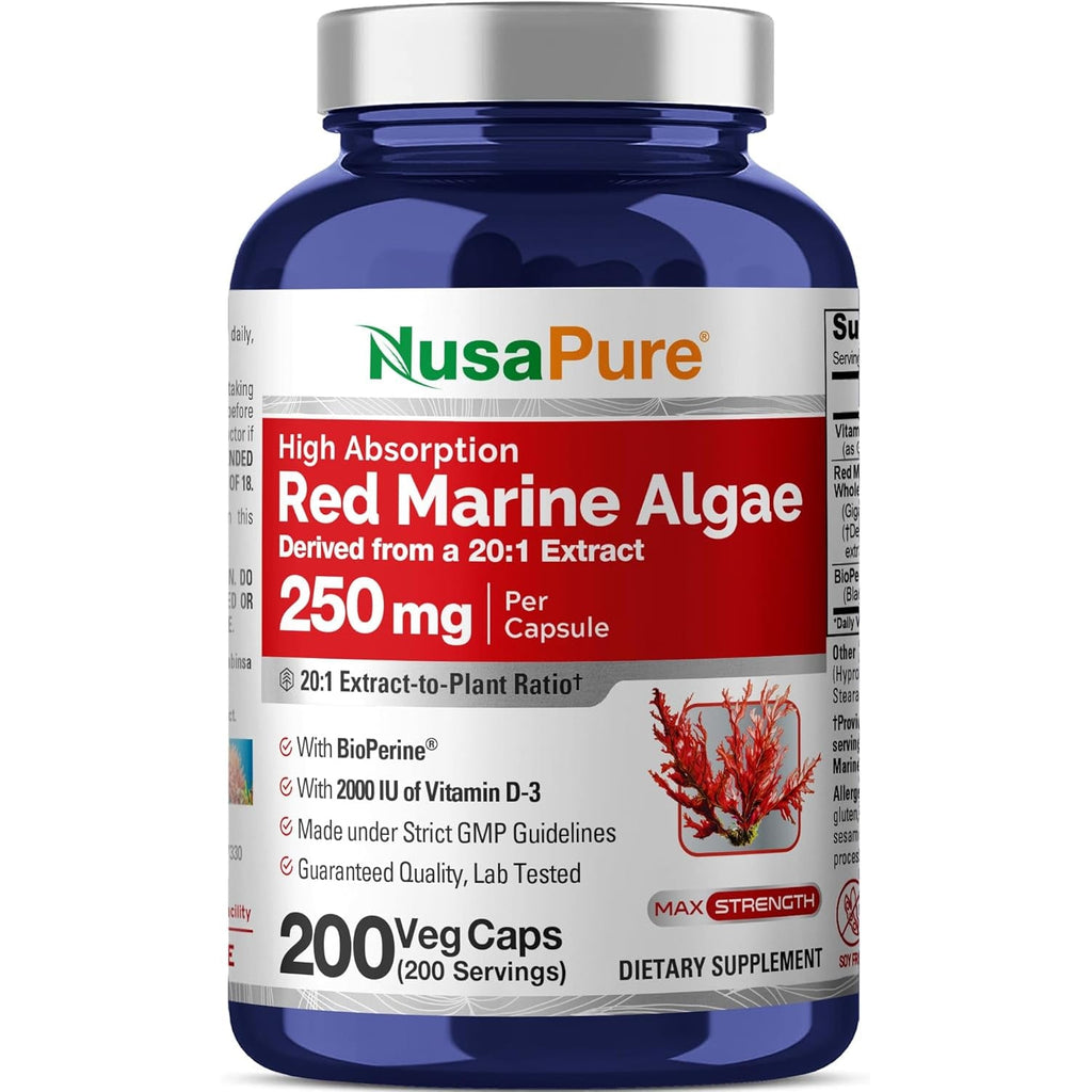 Nusapure Red Marine Algae Capsules, 250 Mg, 200 Veg Capsules (Soy Free, Non-Gmo)