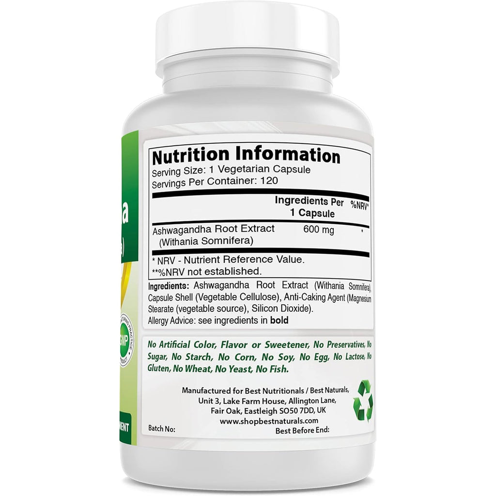 Best Naturals Ashwagandha Capsules for Relaxing Stress and Mood, 500 Mg, 120 Count (Packaging May Vary)