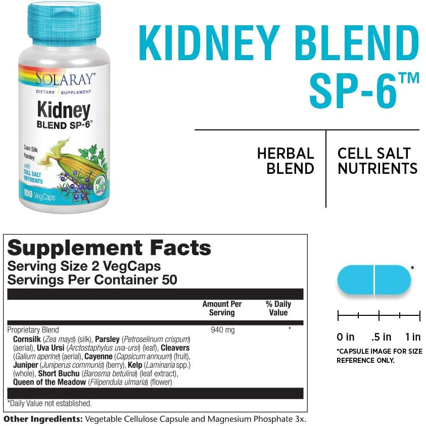 Solaray Kidney Blend SP-6 - Herbal Support Supplement for Women & Men W/ Uva Ursi, Parsley, Juniper, Corn Silk & Cell Salt Nutrients to Help Support Health & Wellness, Non-Gmo - 100 Vegan Capsules
