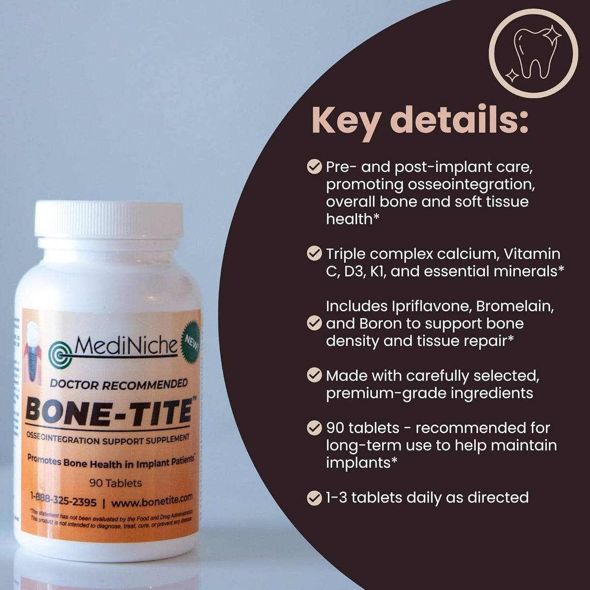 Bone-Tite Osseointegration Support Supplement I Key Vitamins, Minerals, and Nutrients to Promote Dental Implant Support | 90 Tablets | Pack of 1