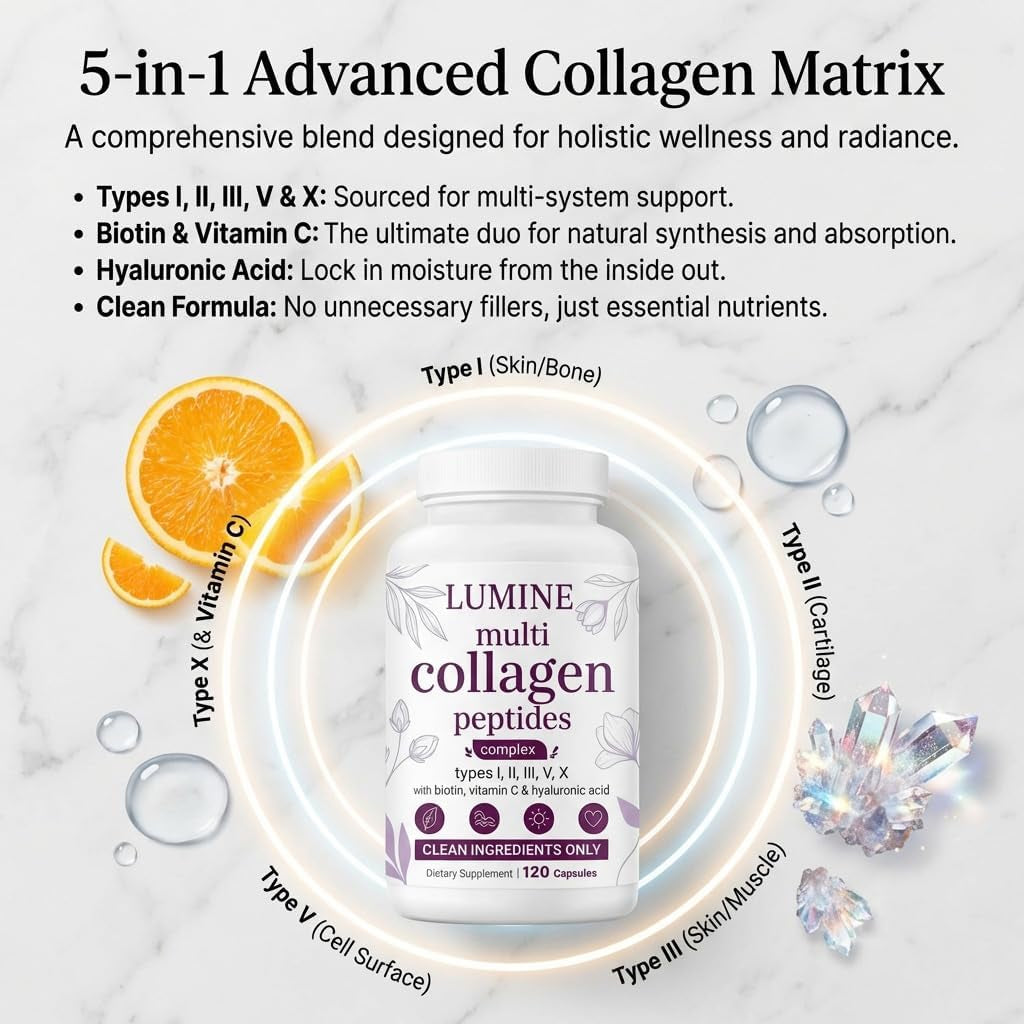 LUMINE Multi Collagen Complex Capsules, Collagen Peptides, Non-Gmo Ingredients,Free from Gluten and Soy. Vegan-Friendly, 120Capsules / 60 Servings