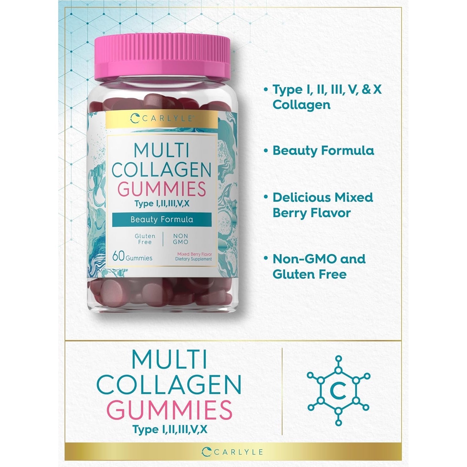 Carlyle Collagen Peptides Gummies | 60 Count | Multi Collagen Complex | Beauty Formula Supplement | Mixed Berry Flavor | Non-Gmo, Gluten Free