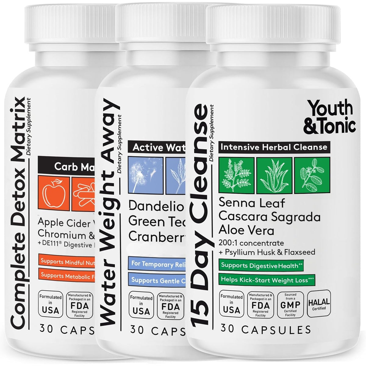 Youth & Tonic 3Pk Detox Cleanse Kick-Off - Colon Cleanser & Water Loss Support - 15 Day Weight Management for Bloating & Water Retention Relief, Body, Gut & Colon Cleanse - 90 Capsules for Women & Men