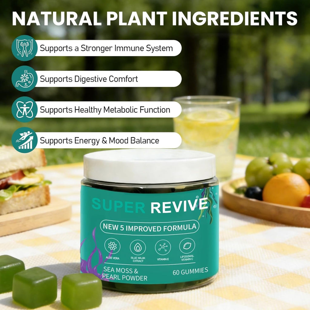 Super Revive Gummies for Hair Loss - Sea Moss Gummies with Vitamin C, E, Aloe Vera & Pearl Powder Glow, Promotes Thicker, Fuller & Stronger Hair - 60 Count