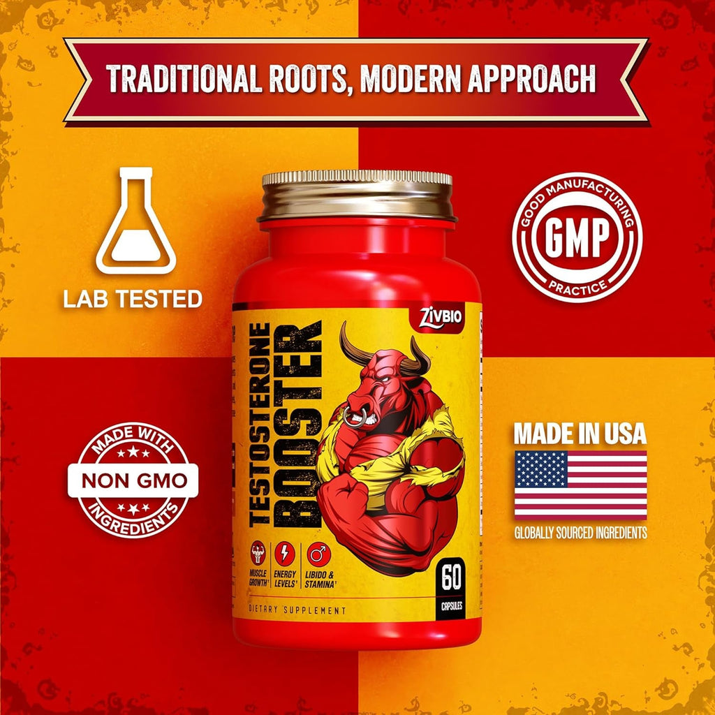 Testosterone Booster for Men - Male Enhancing Supplement for Muscle Growth, Energy, Strength & Recovery - Ashwagandha, Tongkat Ali, DIM, Zinc, Tribulus - Helps Improve Fast Acting Blood Flow - 60Ct